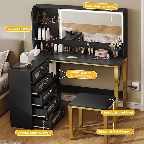 Miniatura 3 de DWVO Escritorio de tocador con espejo iluminado LED y 3 modos de iluminación, tocador de esquina en forma de L, tocador grande de 48 pulgadas con 5