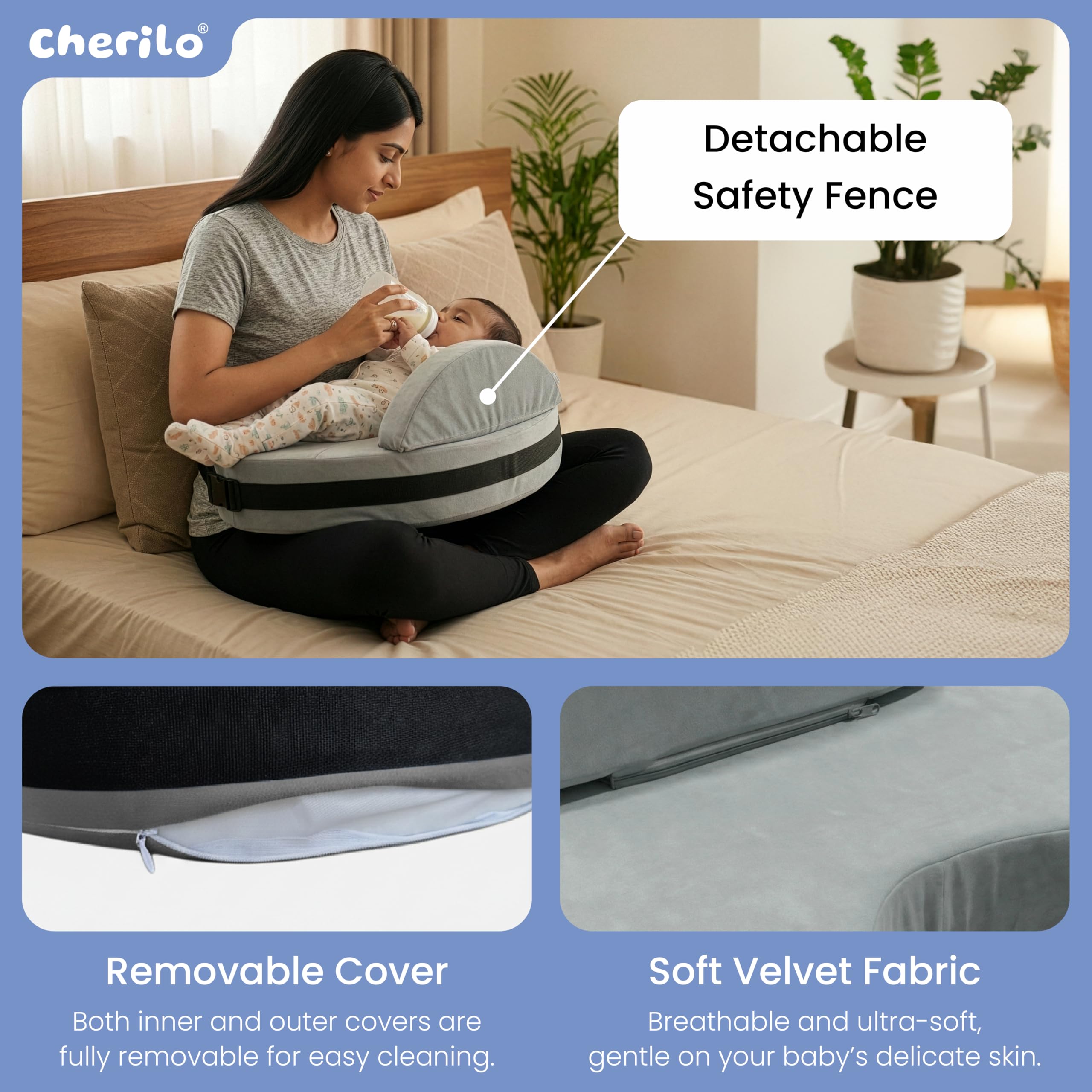 Cherilo Feeding Pillow for New Born Baby | Breast Feeding Pillow & Bottle Feeding Support Pillows with Safety Fence Design | Adjustable Waist Belt | Soft Removable Velvet Cover – Grey 1