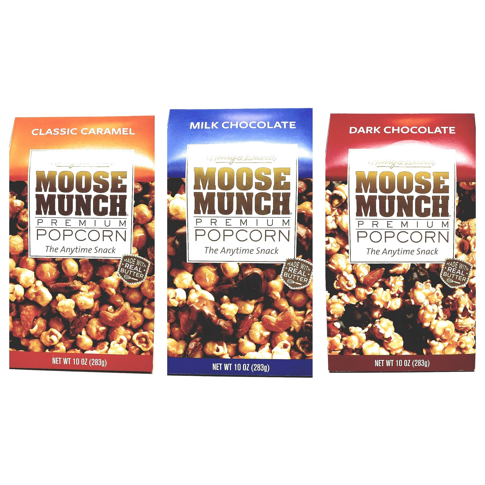 Harry & David Moose Munch Popcorn Variety Pack of 3 Boxes - Dark Chocolate, Milk Chocolate, and Classic Caramel - 10 oz Per Box - 30 oz Total - Premium Gourmet Popcorn Sampler