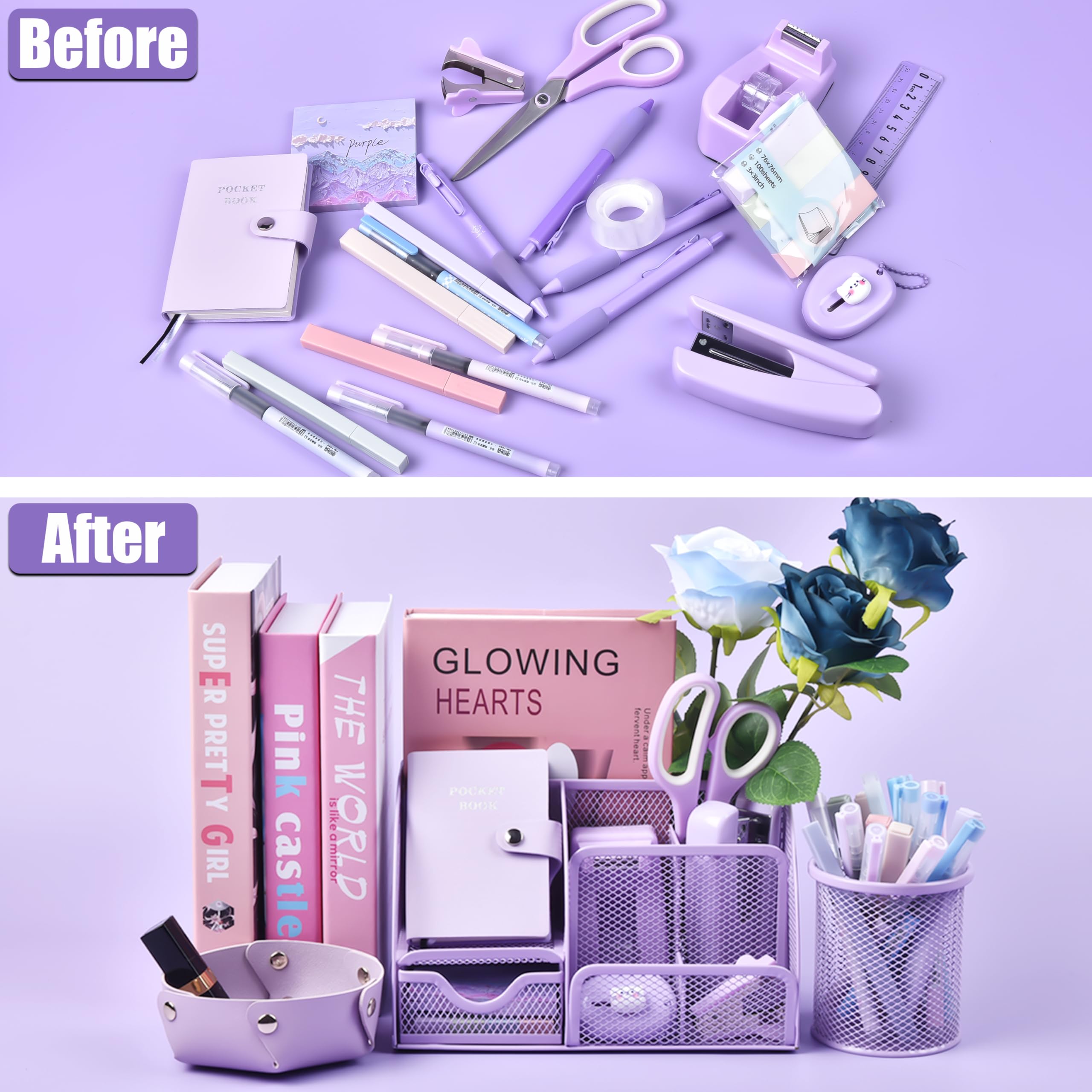 Accessori da scrivania viola, set da 24 pezzi per ufficio e organizer da scrivania, con dispenser per nastro, cucitrice, levapunti, ecc, riempi la tua scrivania con bei colori