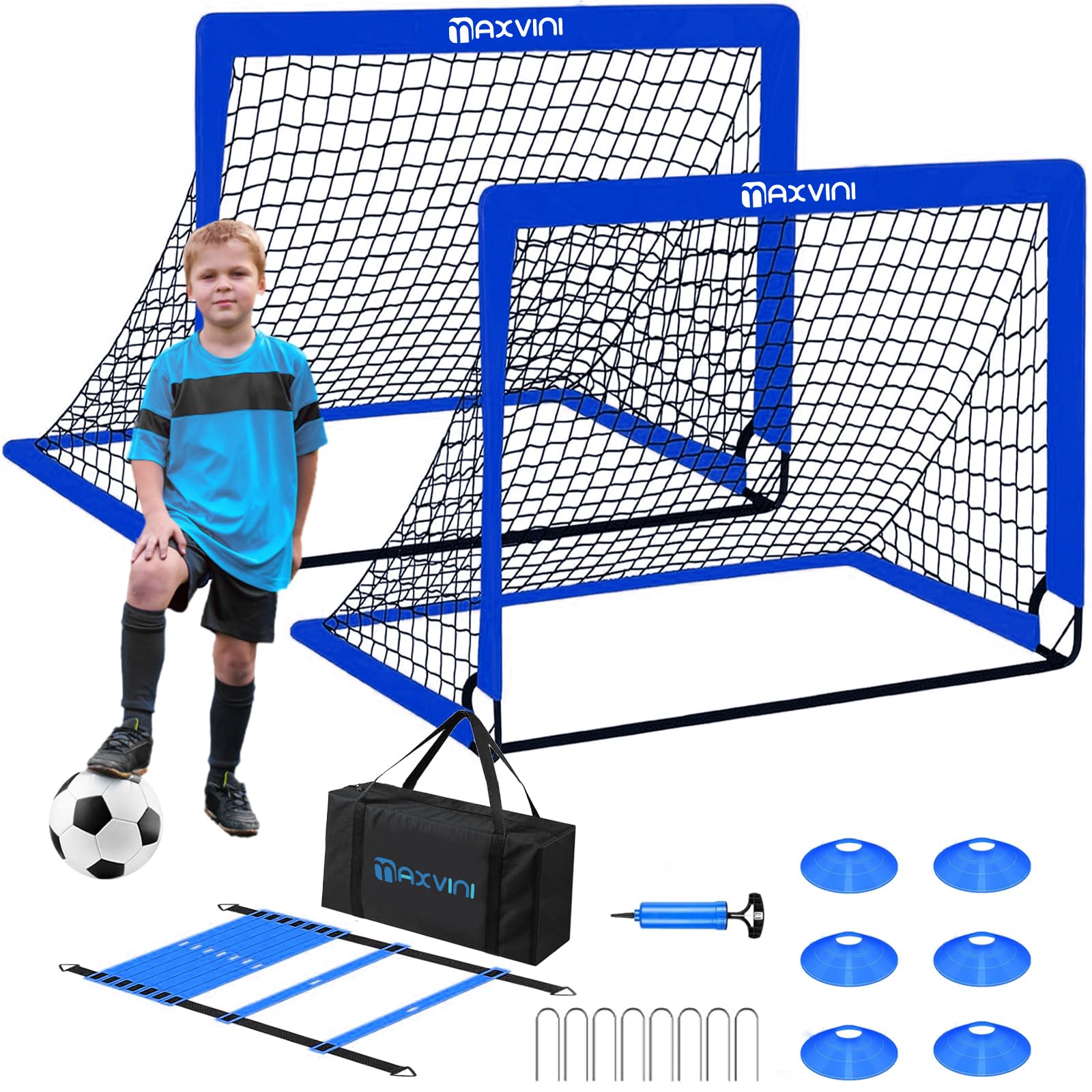 MAXVINI Fussballtore für Garten Kinder, 182x120x120cm Fußballtor mit Glasfaserstangen Indoor/Outdoor Tornetzen Faltbares Pop-Up Set inkl. 6 Hütchen, Fußball, Trainingsleiter, Ballpumpe, Tragetasche