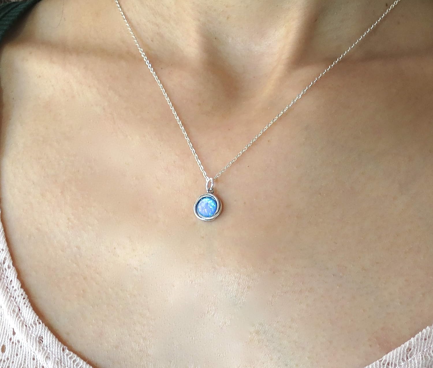 Opal necklace pendant, Sterling silver 925 blue opal necklace for Women and girls, Minimalist stone pendant, Silver Opal necklace, Birthstone necklace pendant, Round small stone pendant - Image 6