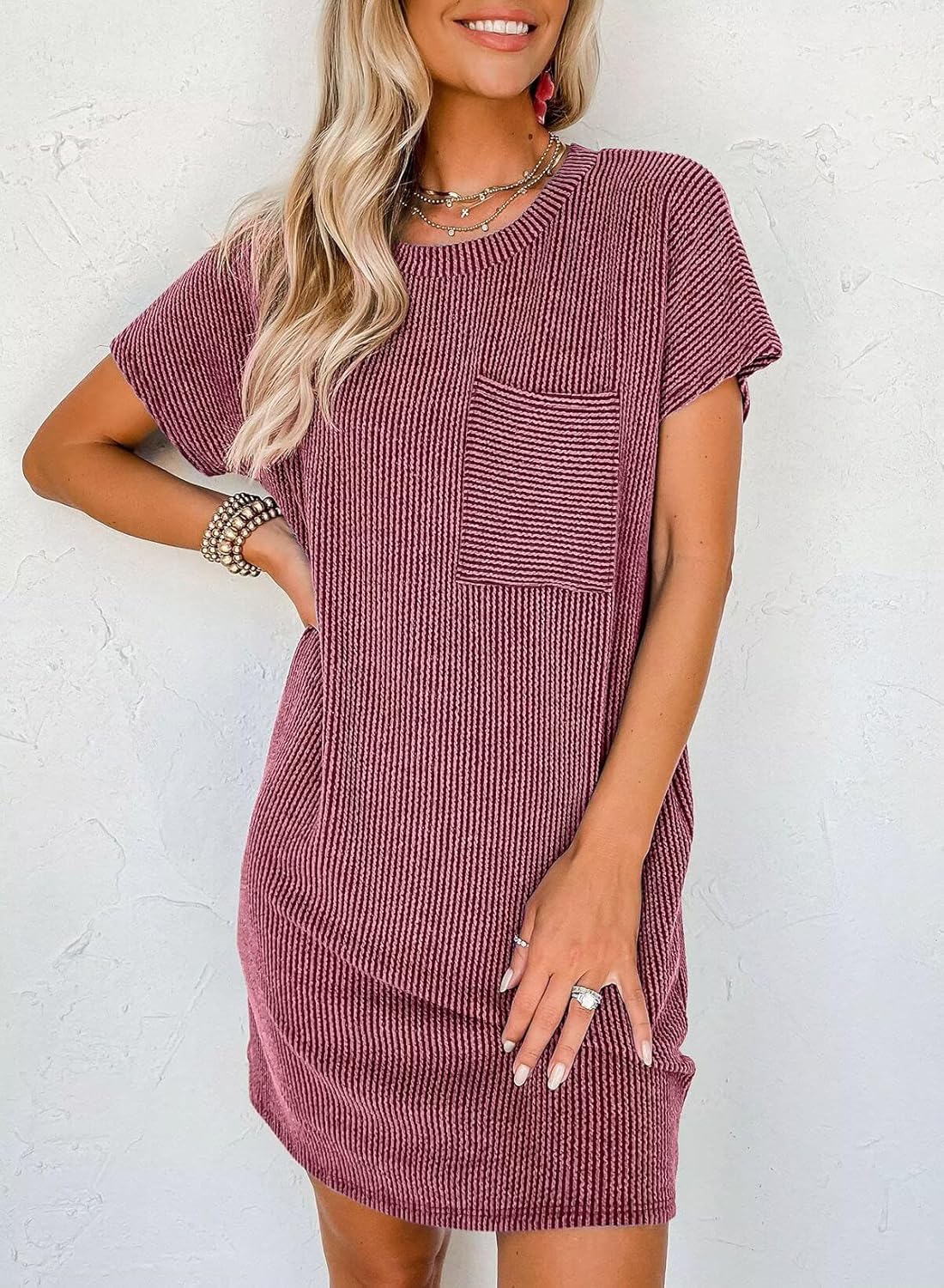 Acelitt Womens Casual Summer Crewneck Short Sleeve Ribbed Mini Tshirt Dress, XS-3XL - Image 2