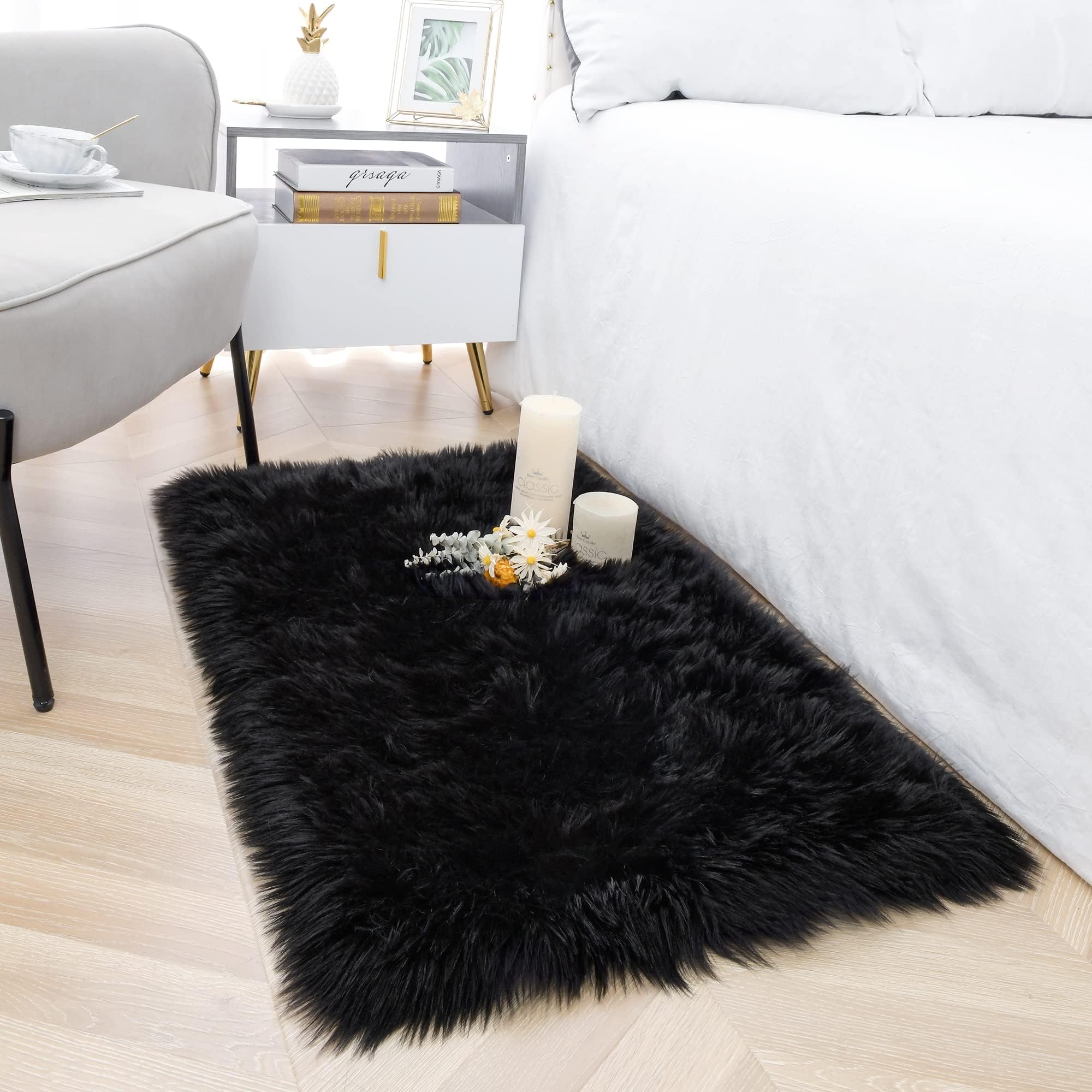 Amazon.com: Faux Sheepskin Fur Fuzzy Rug with Rug Grippers for Black ...