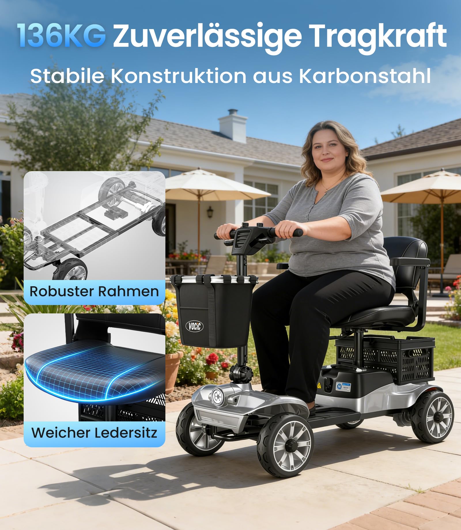 VOCIC D35 Seniorenmobil klappbar 35KM, 40L Doppelten Korb Elektromobil für Senioren bis 136KG, mit 20CM großen Rädern, 40L Doppelten Korb ergonomischer verstellbarer Sitz abnehmbarer Akku, Grau Silber