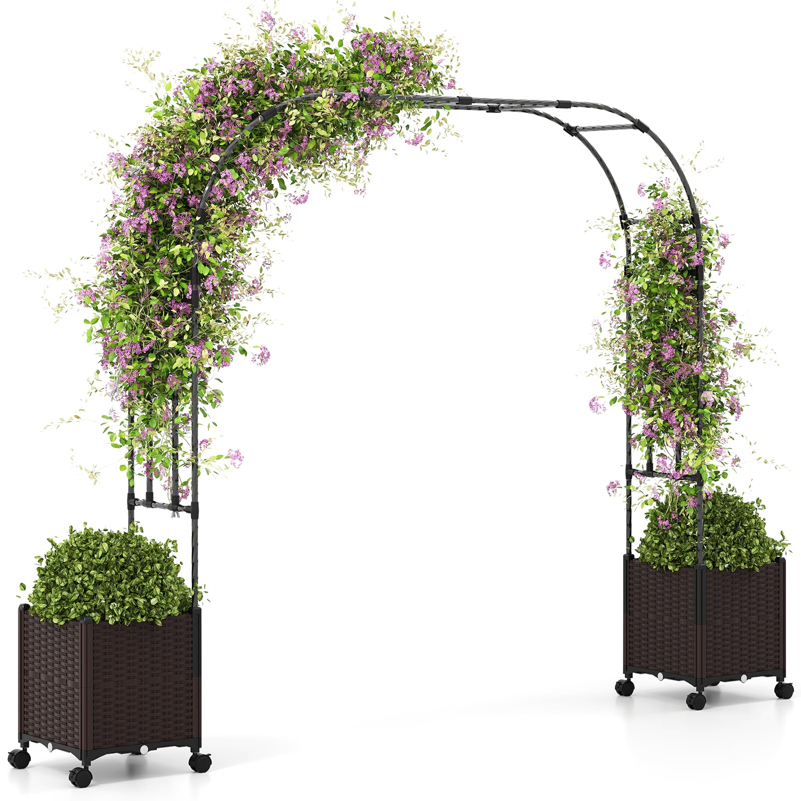 RELAX4LIFE 2M Traliccio ad Arco, Pergola ad Arco in Metallo con Casse di Fiori su Ruote, Tubi in Metallo Rivestiti in PE, Sistema di Auto-irrigazione per Piante Rampicanti, per Cortile, Matrimonio