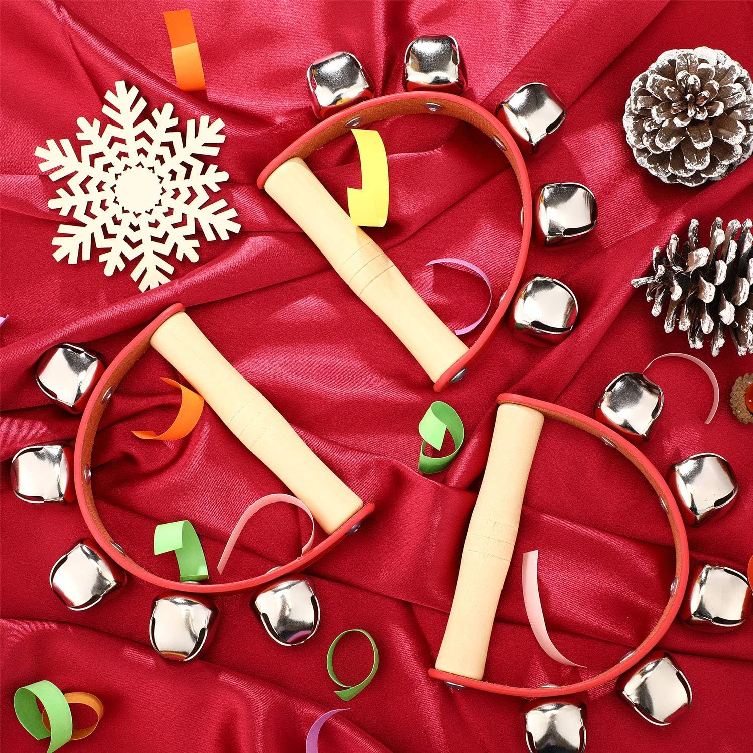 3 Pieces Red Christmas Sleigh Bells Jingle Gold Bells Musical Bell Instrument Wooden Handle Bells for Valentines (5 Bells) : Musical Instruments