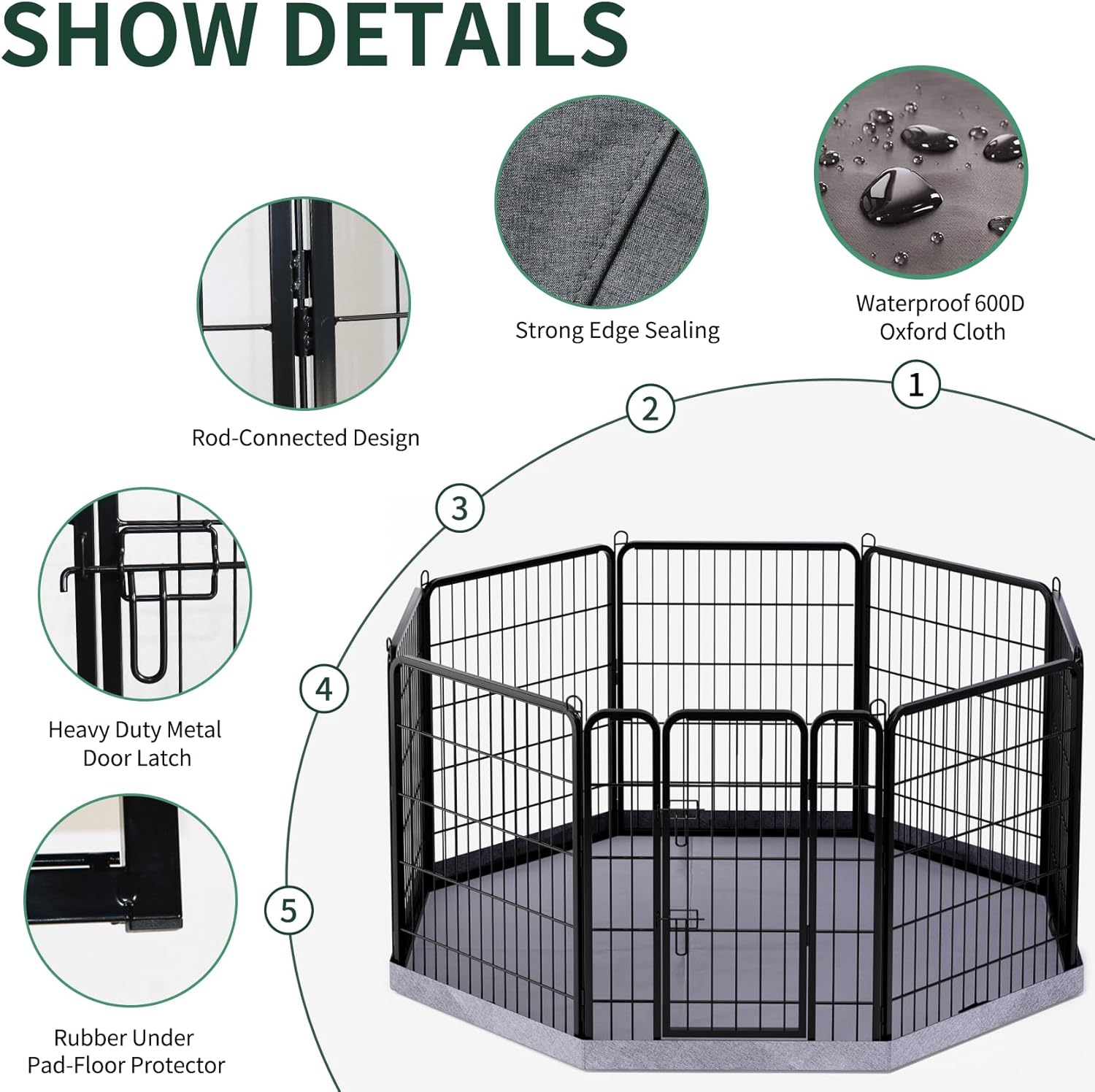 PETIME Dog Playpen,Metal Exercise Puppy Pen Heavy Duty Kennels Yard Fence Indoor/Outdoor 27" W x 32" H 8 Panels Dog Cage with Octagon Bottom Pad