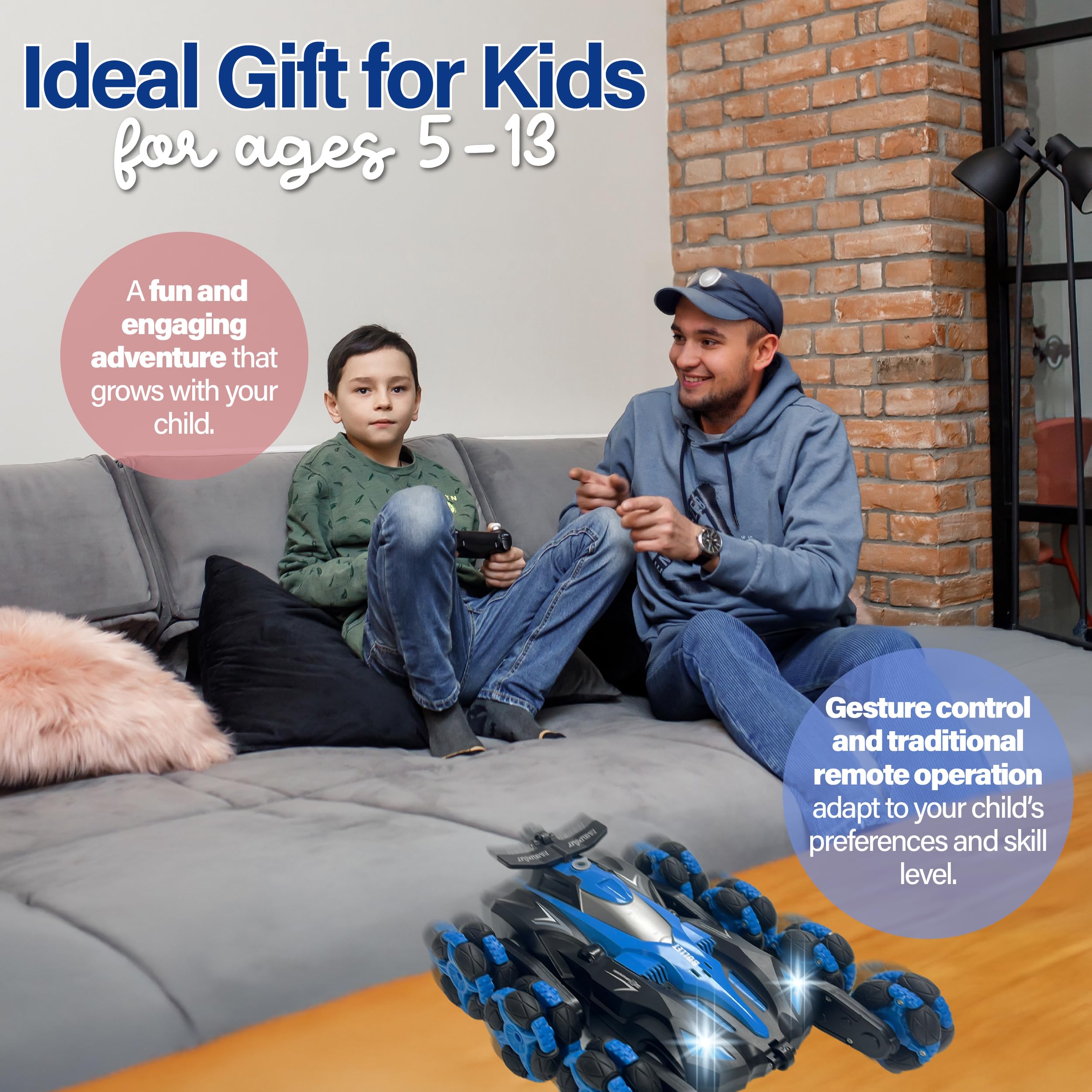 SpeedStunt Meister Gesture Sensing RC Stunt Car - Remote Control Car Toys with Lights Music Spray - 8WD 360° RC Cars - Best Gift for Kids for All Ages (Red)