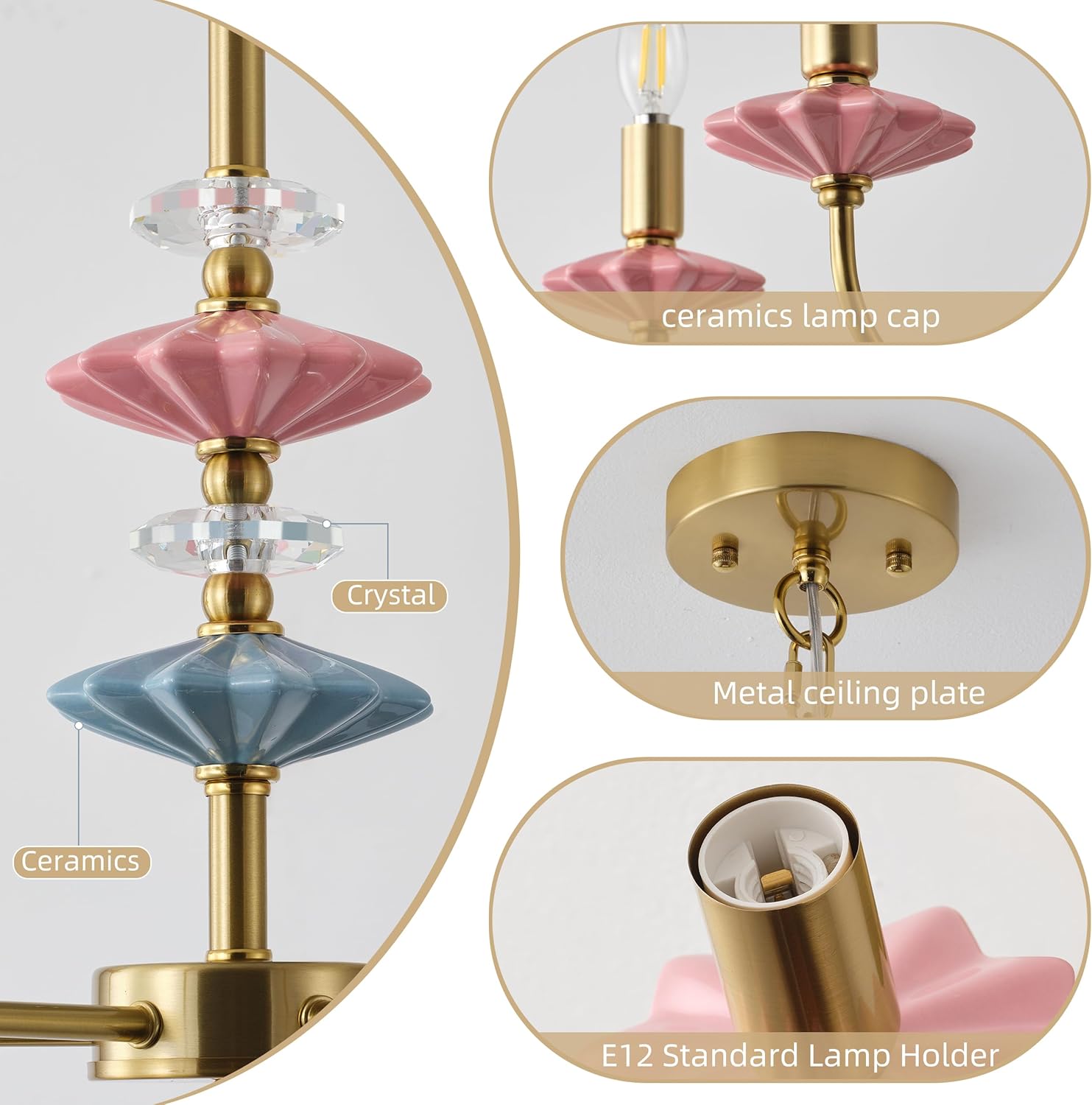 Pink Chandeliers for Dining Room Light Fixture Over Table,5-Light Art Deco Chandelier, Modern Retro Candle Chandelier with Ceramic,Farmhouse Chandelier for Girls Bedroom Living Room, Foyer