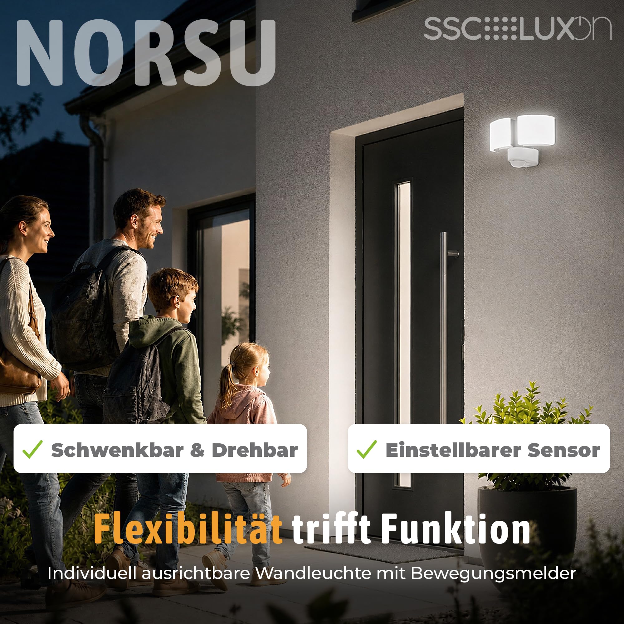 SSC-LUXon Norsu lampa zewnętrzna z czujnikiem ruchu, podwójny reflektor – lampa zewnętrzna z adapterem narożnym i czujnikiem zmierzchu IP65 neutralna biel