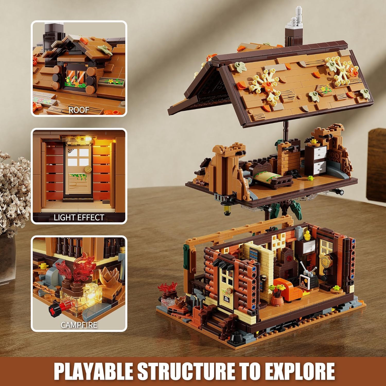 TYCOLE Herbst Cabin Holzhaus Klemmbausteine Bauset 1969 Stück Modellhaus mit LED-Licht Heimdekoration Weihnachten Geburtstag Geschenk für 8+ Jungen Mädchen Jugendliche Erwachsene
