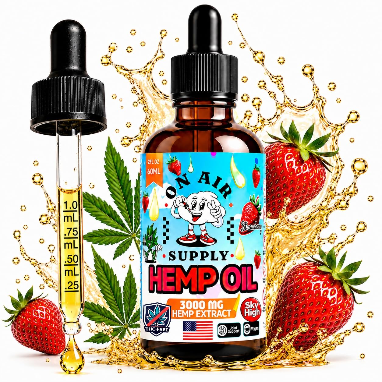 Hemp Oil 3,000mg – 2 fl oz (60ml) - Strawberry Flavor, Omega 3 6 9 for Skin, Hair & Made in USA