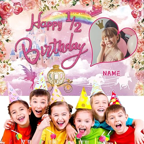 Miniatura 6 de Cartel personalizado de decoración de fiesta de cumpleaños de medio año, tema de princesa, feliz 12 cumpleaños, corona de carruaje de castillo real,