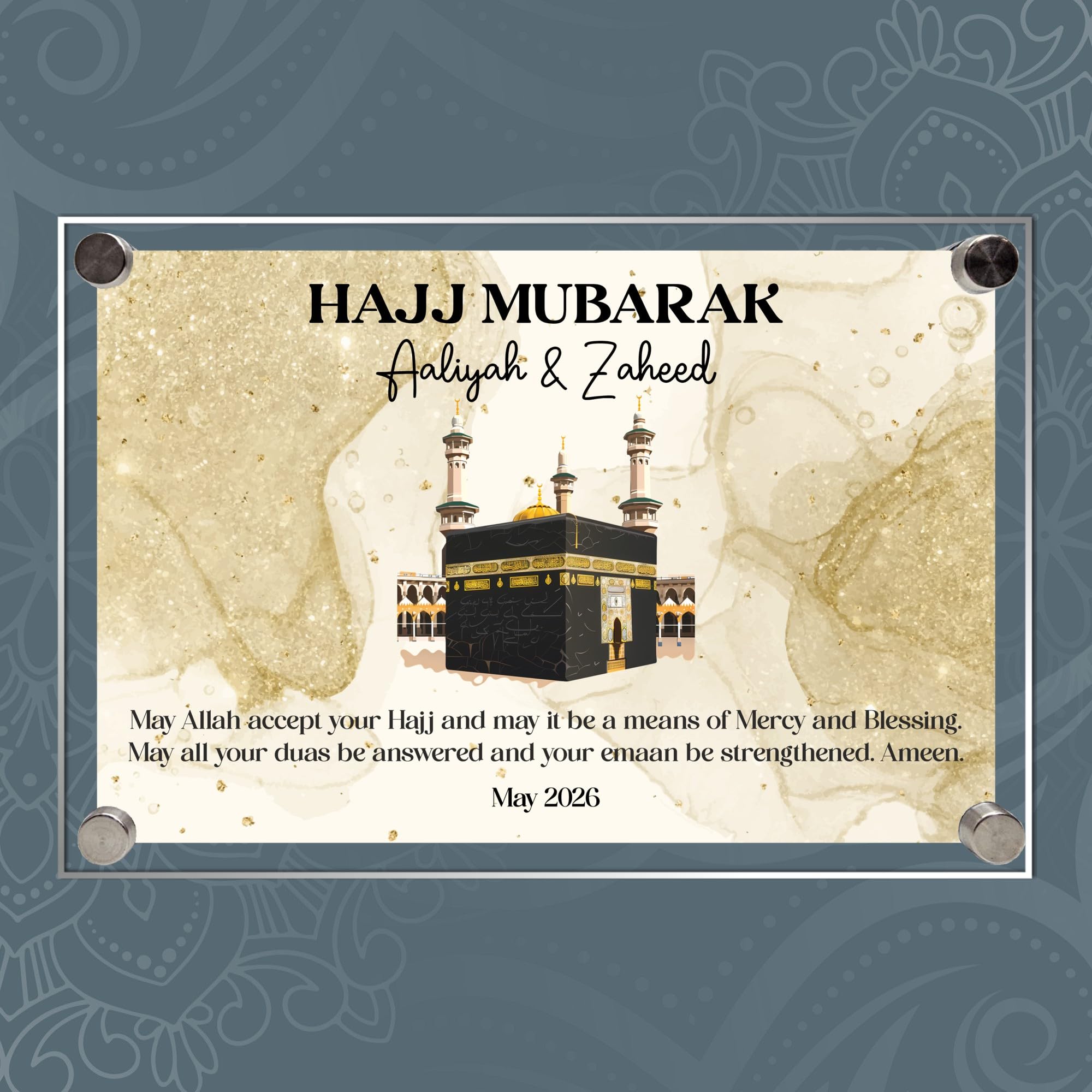 Personalised Hajj Mubarak Acrylic Wall Plaque with Kaaba - Custom Add Own Names & Date Islamic Gift for Couples, Families, Friends To Celebrate Islamic Pilgrimage in Beige Black Gold Pink (Gold)