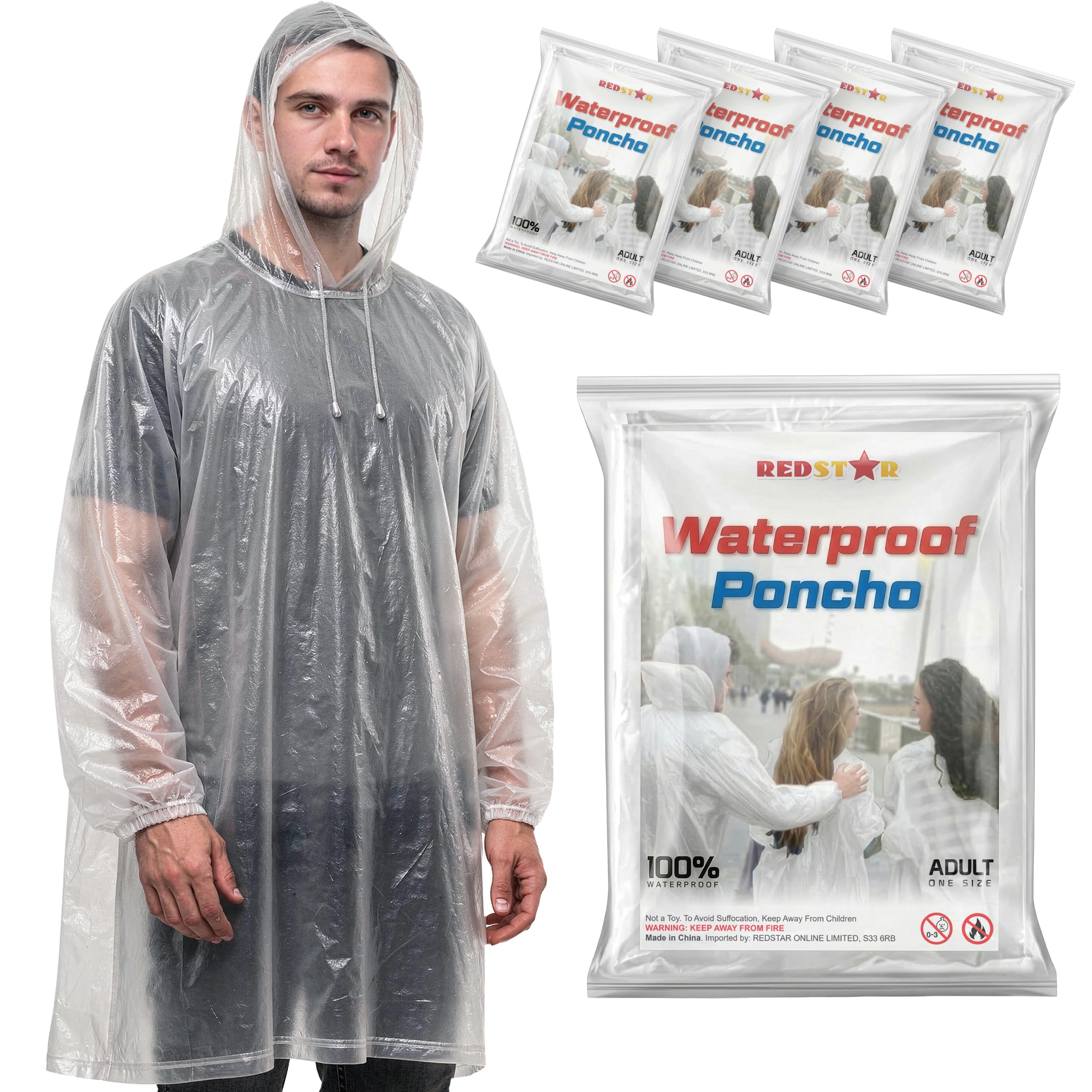 REDSTAR Clear Rain Ponchos for Adults - Disposable Clear Rain Poncho Adult Waterproof Pac a Mac for Women and Men - Adults Waterproof Emergency Disposable Raincoat Travel and Festival Accessories