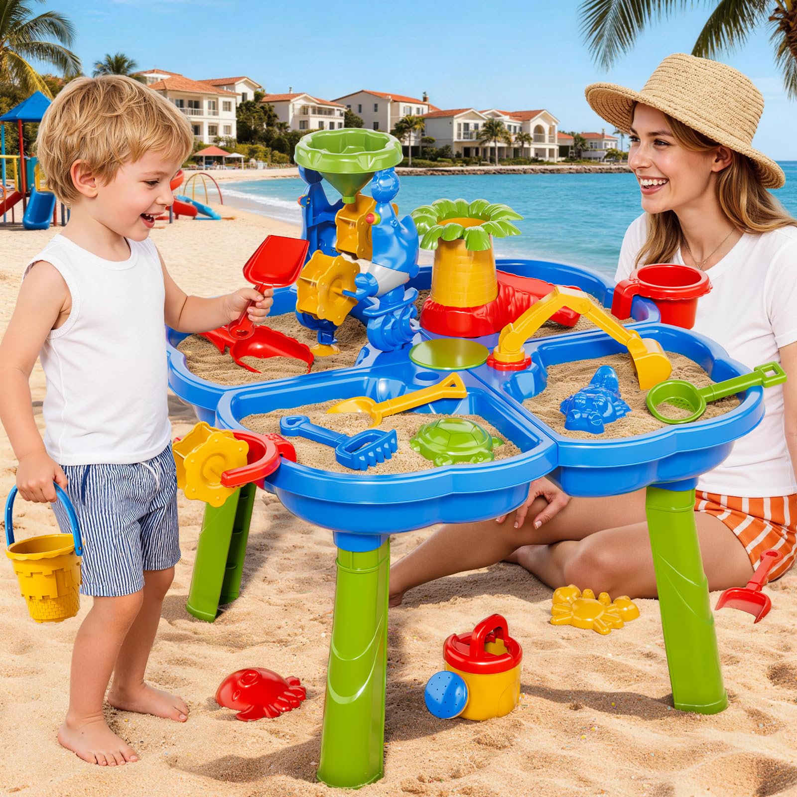 Sand Wasser Tisch für Kleinkinder 1-3, Kinder Outdoor Aktivität Wassertische mit Strand Spaß Sandspielzeug, Sommer draußen Spielzeug Wasser Spielset für Kleinkinder Jungen Mädchen Alter 2 3 4 5 6 7 8