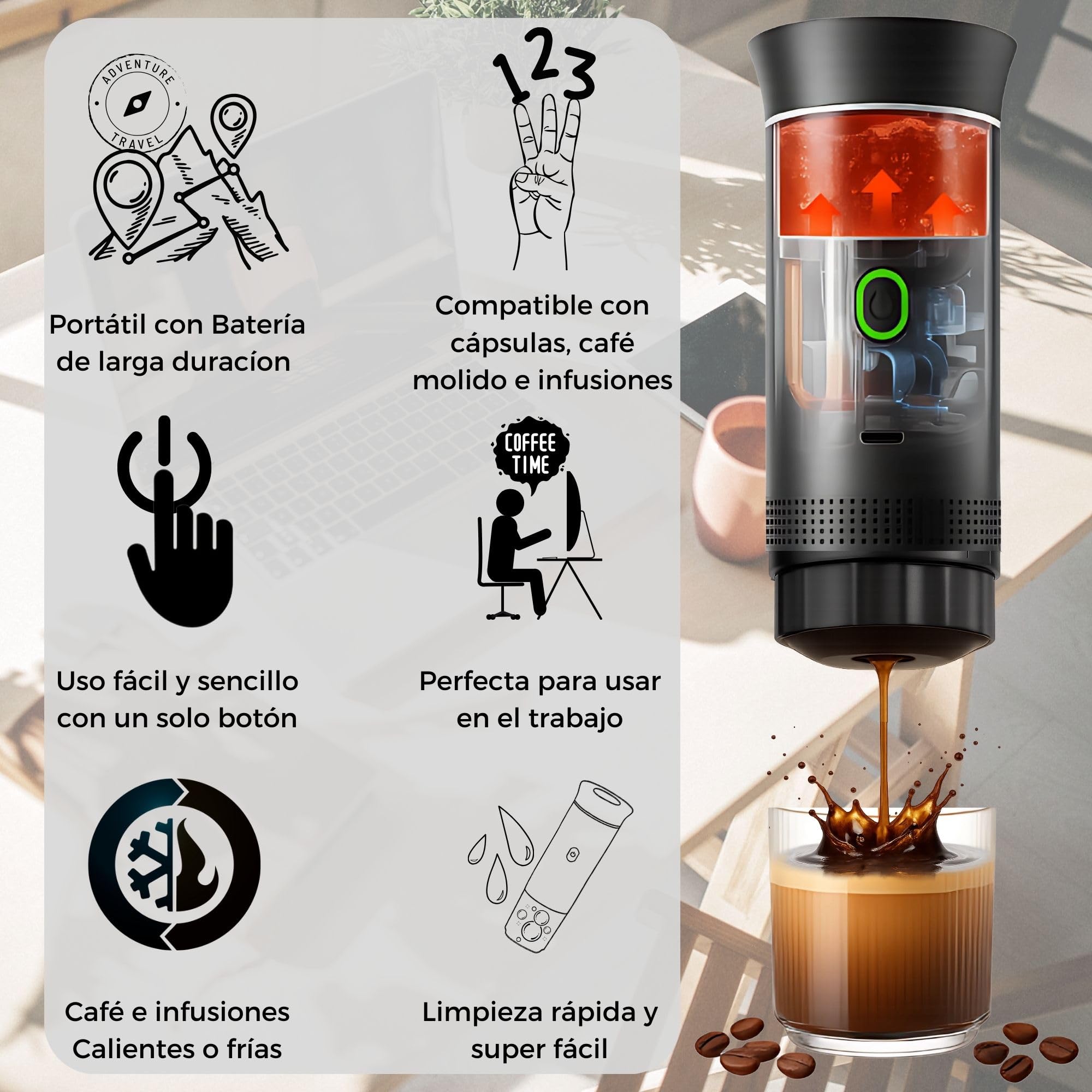 Cafetera Portatil Capsulas, Cafetera Multicapsulas y Molido, Maquina de Cafe, Cafetera Capsulas Portatil, Calienta Agua Batería Recargable USB, Ideal Viajes, Camping y Oficina