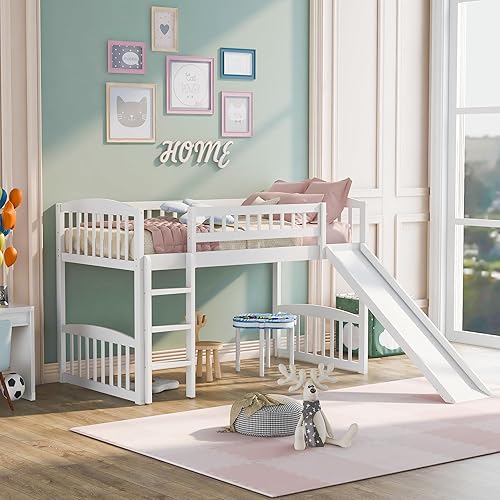 Cama baja de tamaño individual con tobogán y escalera, marco de cama de madera para niños y niñas, color blanco