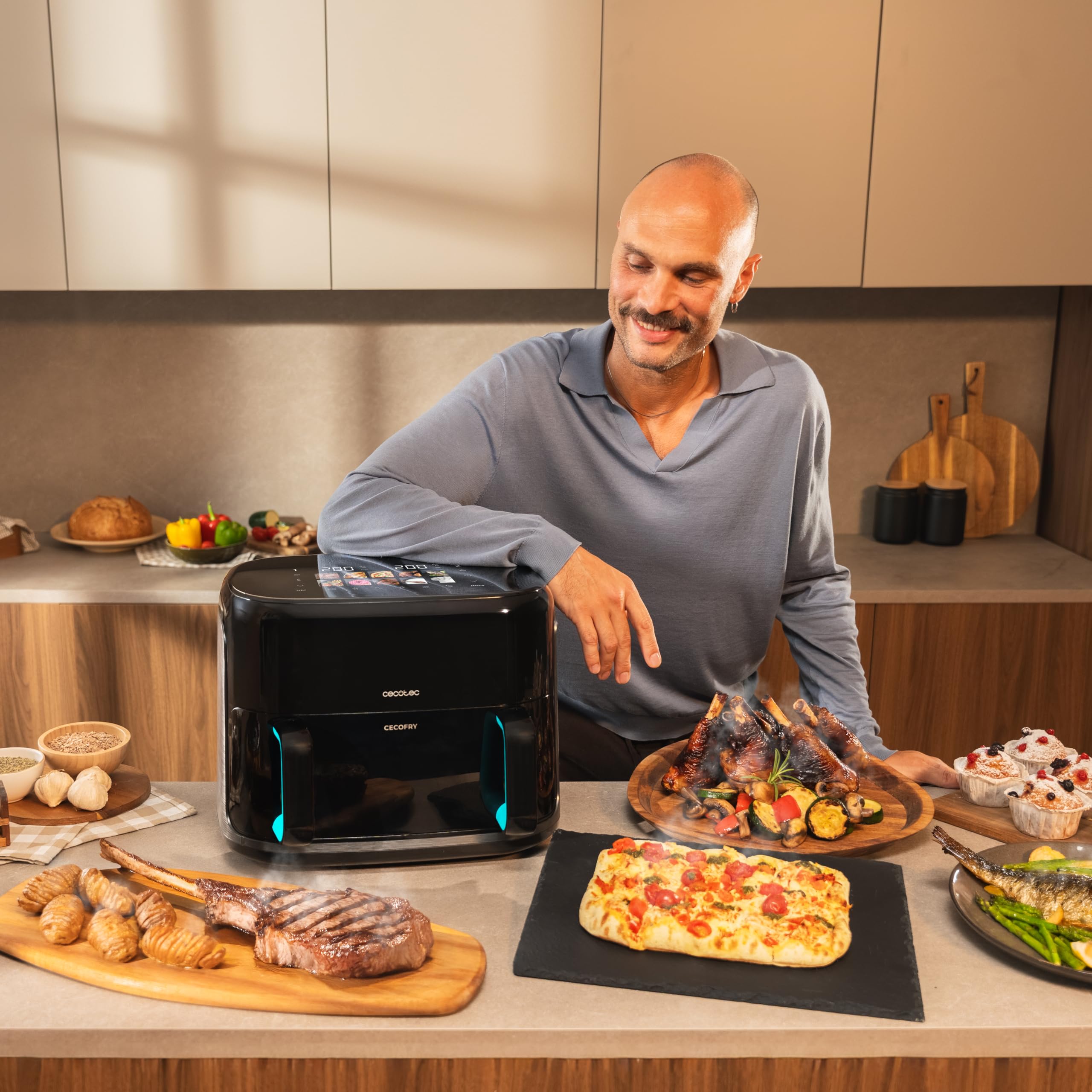 Cecotec Friggitrice ad Aria 10L - Air Fryer Cecofry&Grill Smokin'Prime 11000. 2800W, 3in1: Friggitrice, Grill, Piastra. Affumicatore integrato, Parete divisoria, Temp 40-200°C, Cottura uniforme