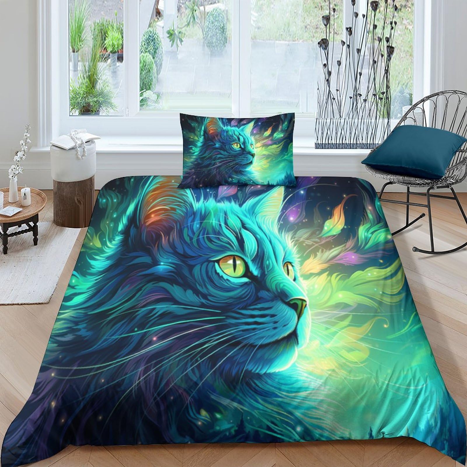Housse de couette chat vert 135x200 parure de lit microfibre 3 pièces