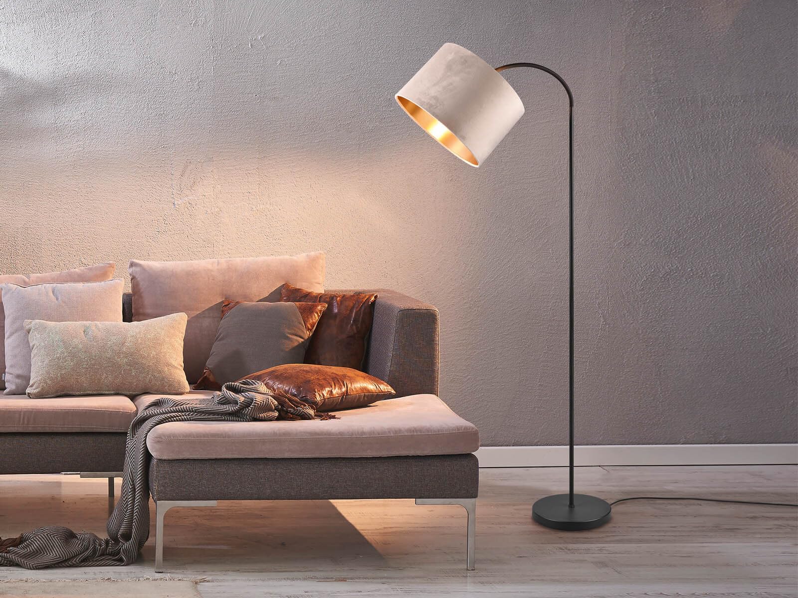 Stehleuchte mit Samt Lampenschirm Beige, innen Gold, Höhe 156cm