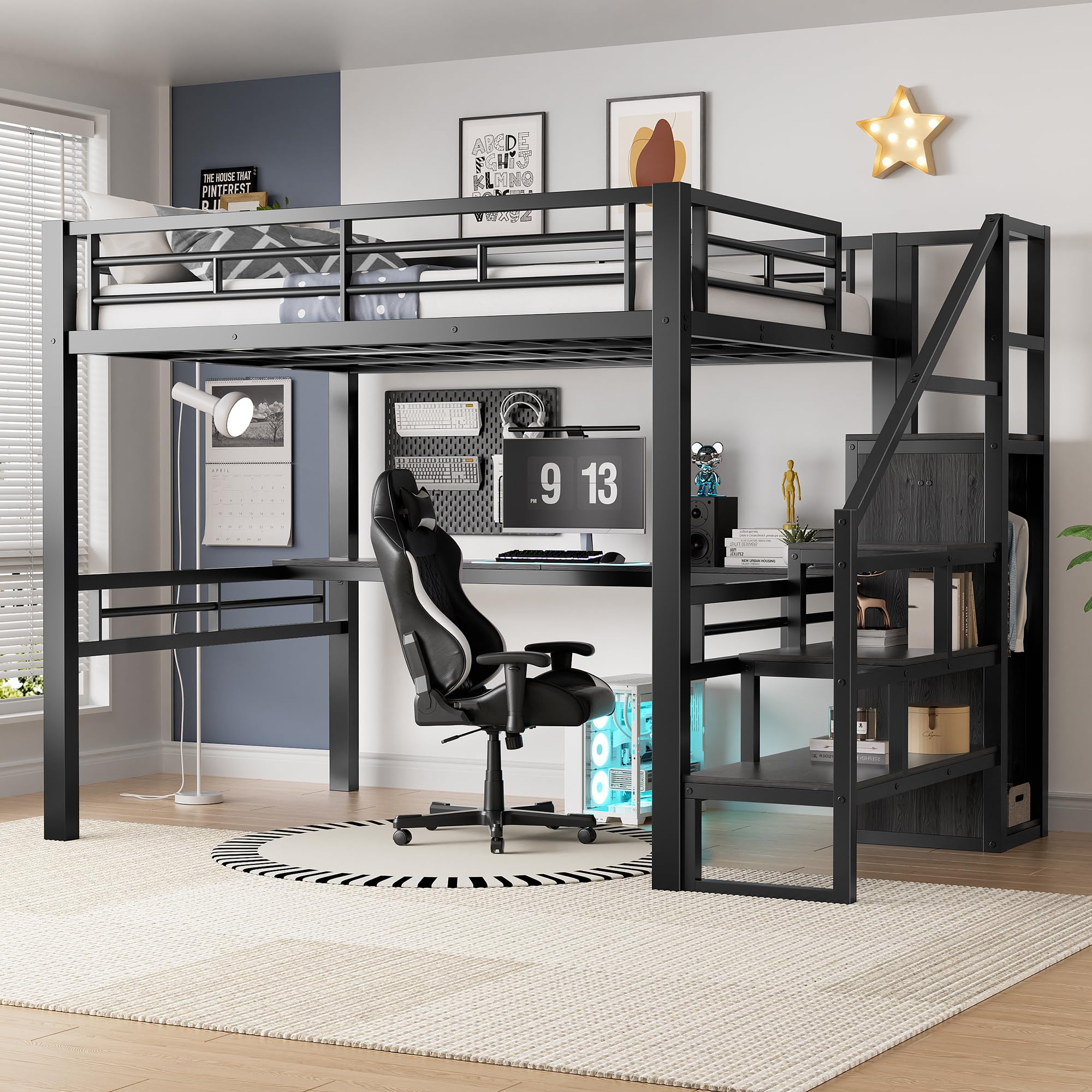 Photo 1 of PVWIIK Full Loft Bed with Desk, Closet, and Stair Storage - Black