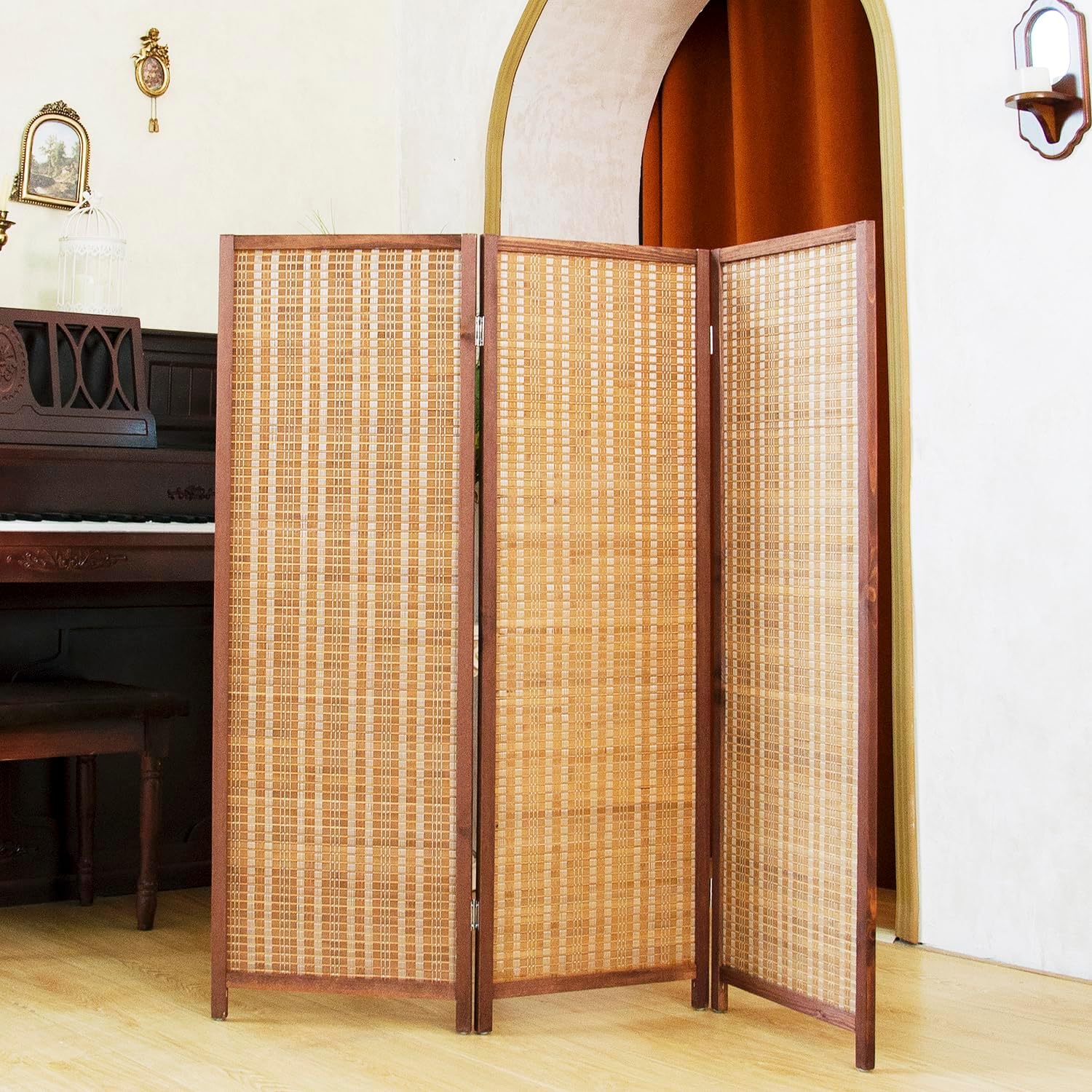 6 Panel Short Room Divider – 3.9 ft Tall Double-Side Folding Privacy Screen, Natural Beige Bamboo Partition Wall for Home Office, Living Room & Corner Spaces