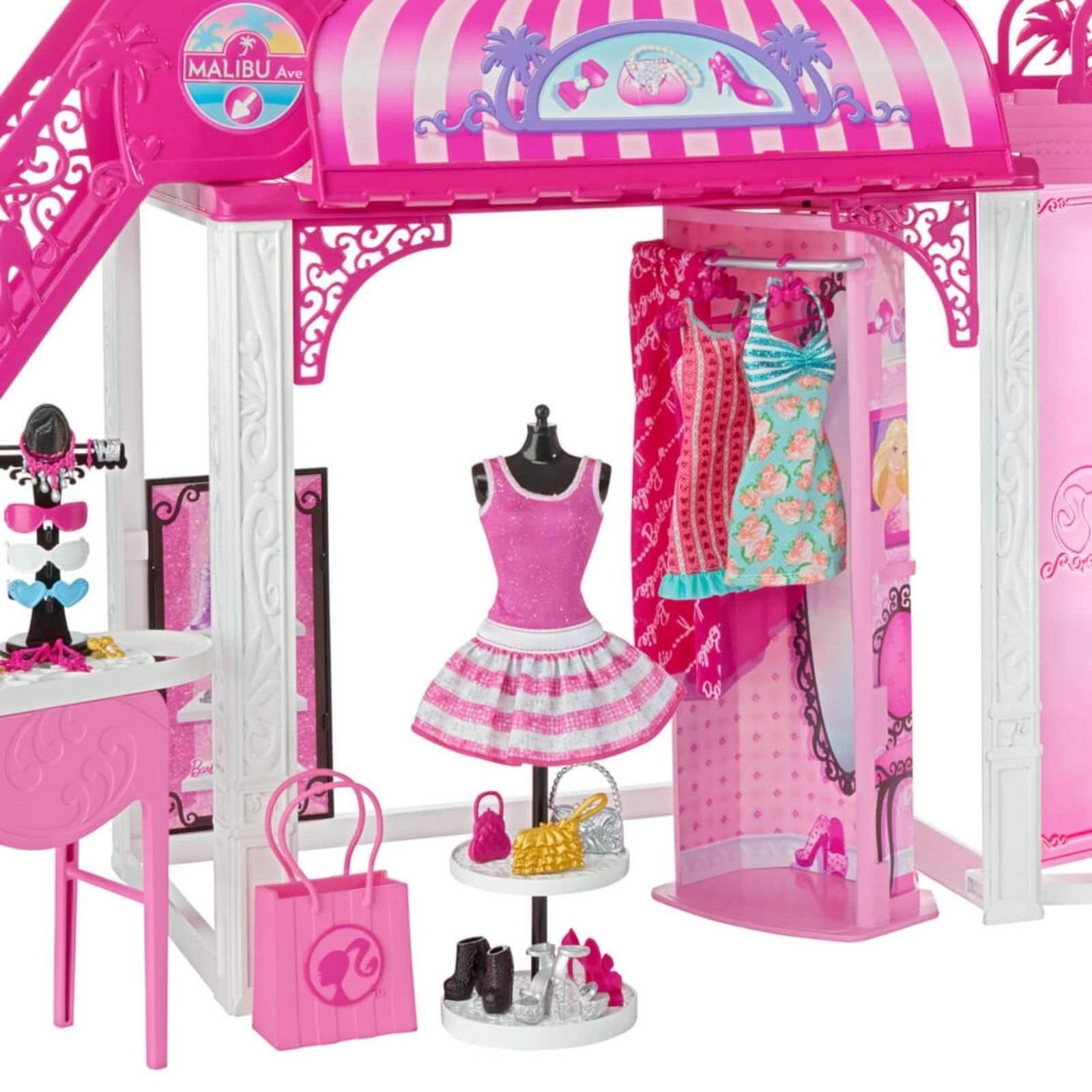 BARBIE Malibu Ave SHOPPING MALL 50+ Pieces PLAYSET w Working ESCALATOR
