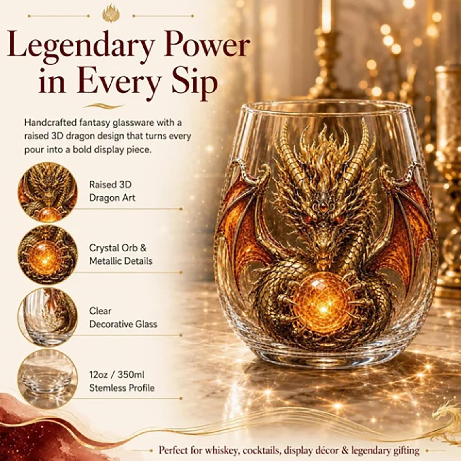 Dragon Whiskey Glasses,3D Carved Stemless Tumbler Set for Whisky Wine