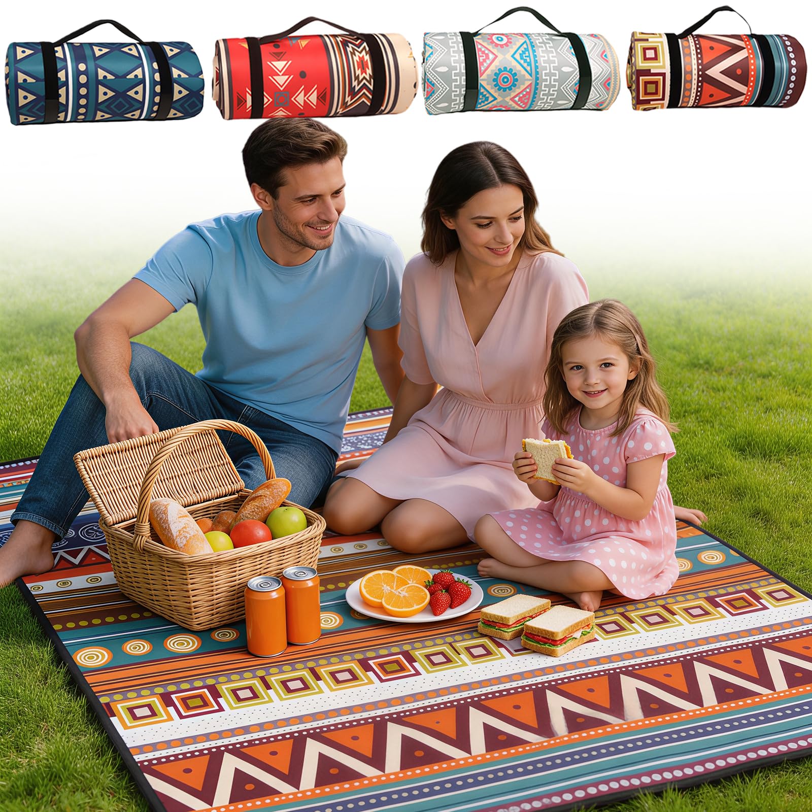 NBOUOU Picnic Blanket Waterproof, Picnic Camping Mat, Beach Mat Blanket with Carrying Strap, Camping Blankets Rug for Outdoor Rug Activities, Park, Hiking Seattle Bohemian 150x200 cm (Orange) — image 1
