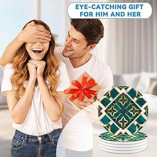 Miniatura 6 de Juego de 4 posavasos de mármol verde, redondos, absorbentes, de cerámica, con base de corcho, bonitos posavasos para decoración del hogar, regalos