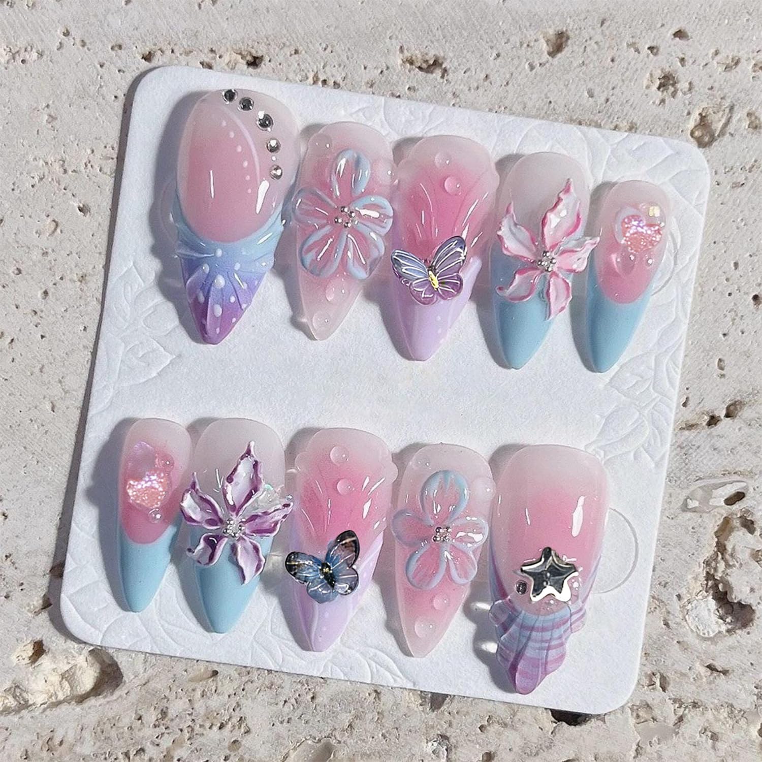30Pcs Spring Butterfly Press on Nails Medium Almond Purple French Tip Fake Nails with Butterflies Rhinestones Cute Flower Acrylic Nails Spring False Nail Set Floral Full Cover Stick on Nails for Women