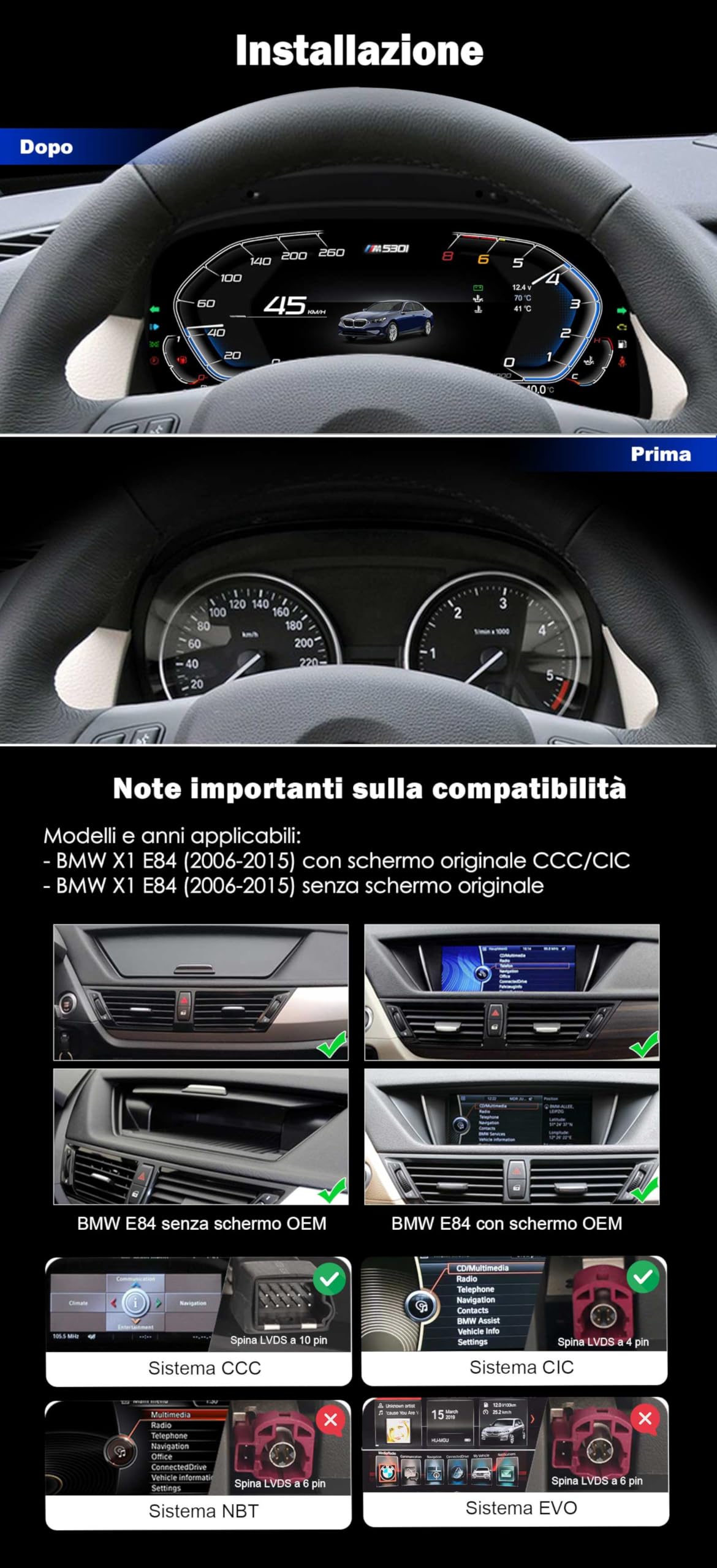 Quadro Strumenti Digitale LCD 10 Pollici per BMW X1 E84 2006-2015 Sistema CCC&CIC Tachimetro Display Cruscotto 4-Core 7 Temi UI Comandi al Volante 1920x720P Display Digitale Schermo HD