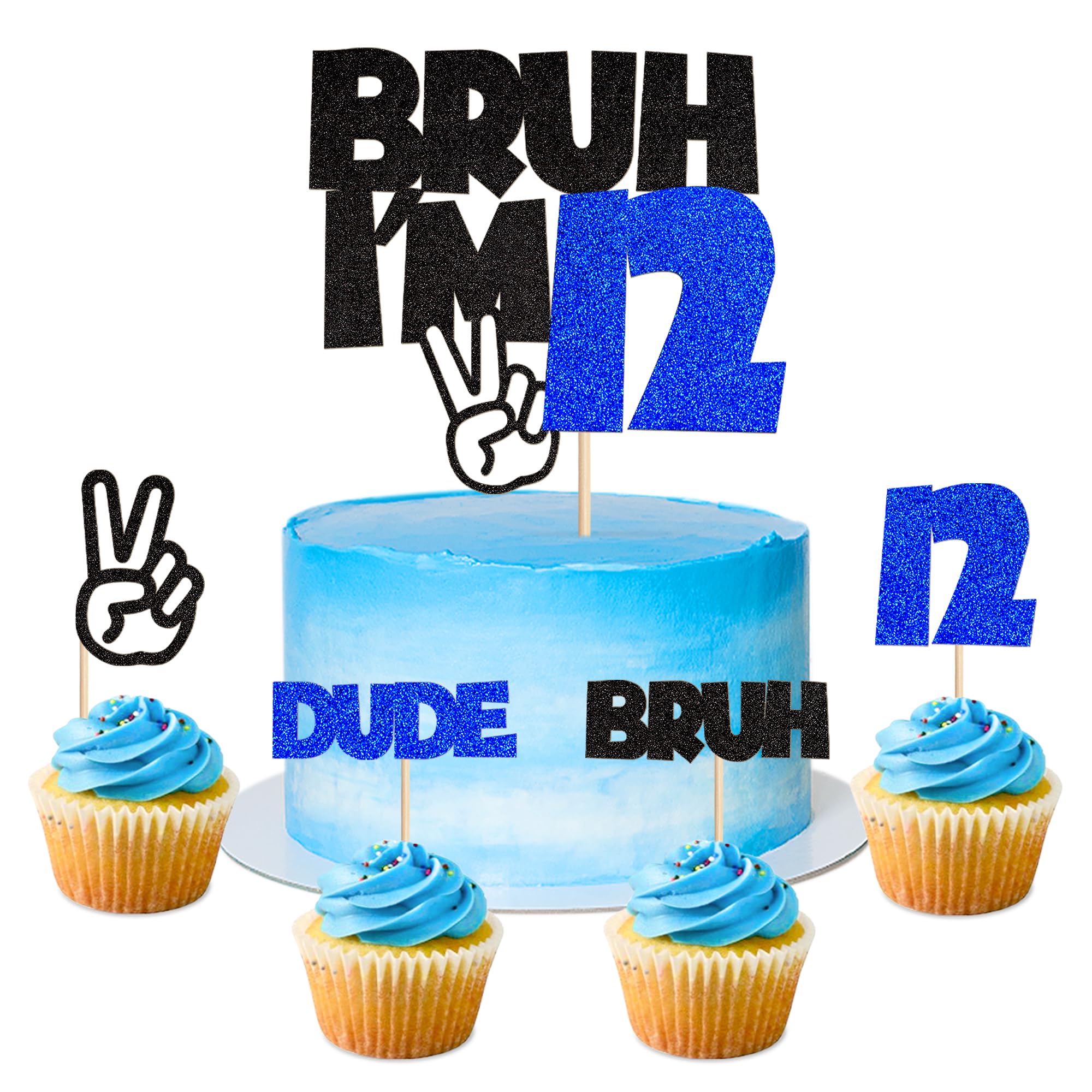 25Pcs Bruh I'm 12 Cake Topper Victory Gesture Bruh Dude Number 12 Cupcake Picks for Funny Boys 12nd Birthday Twelve Years Old Brother's Party Cake Decors