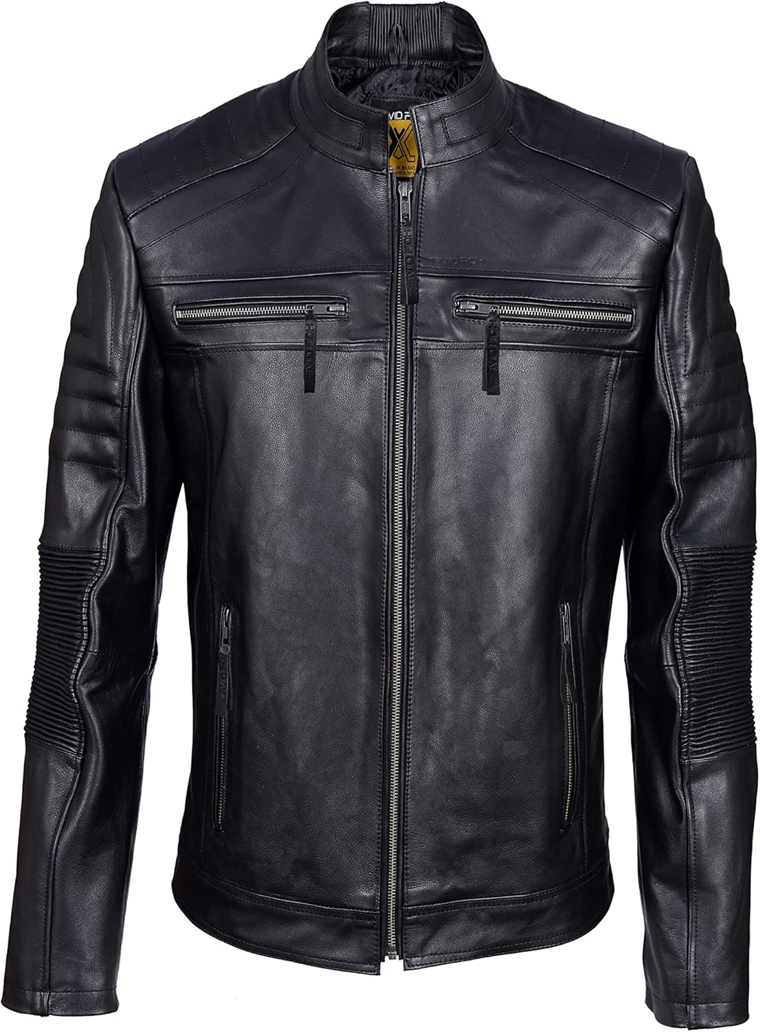 David Rox Cafe Biker leather jacket men Armored Motorcycle Slim Fit Racer Riding Jacket Real Cow Hide Leather, Black