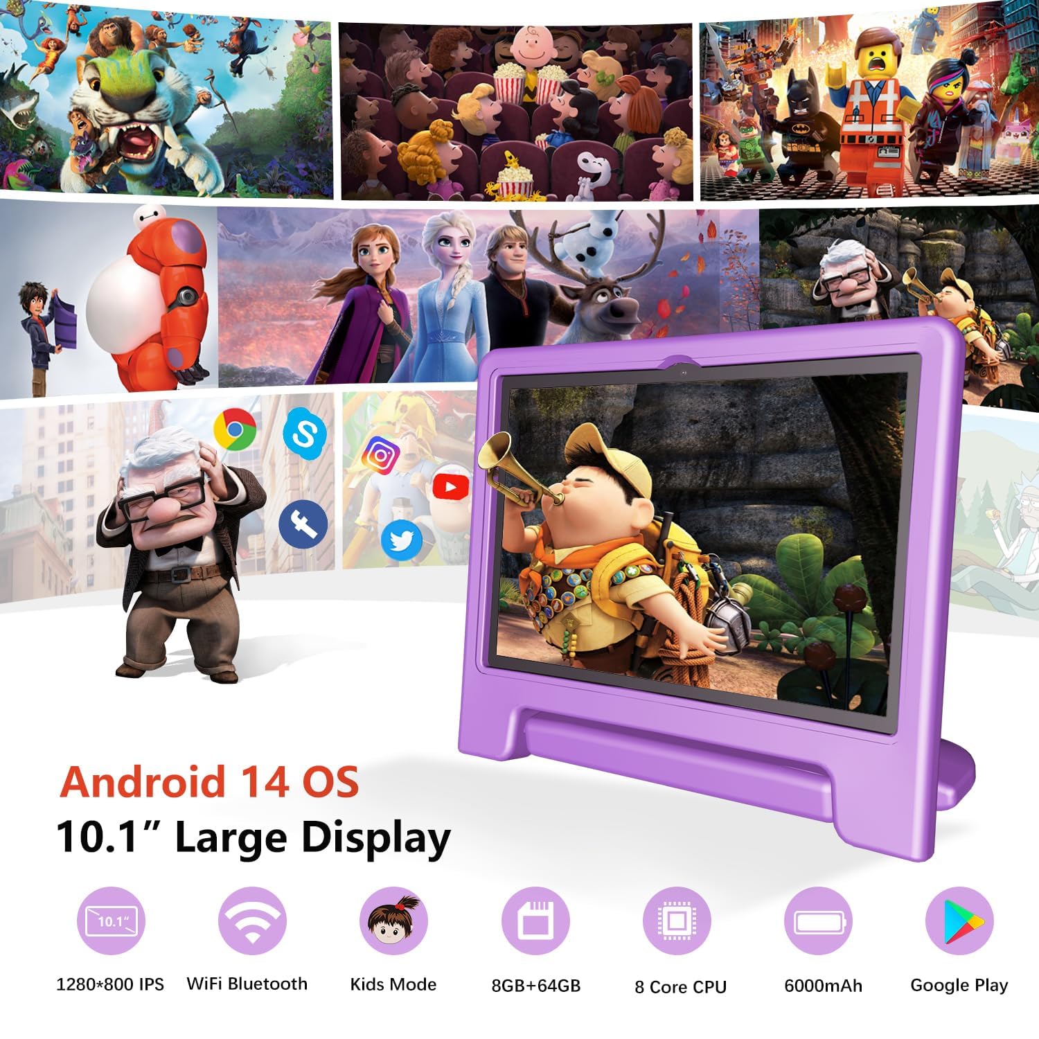 Tablet per Bambini 10 Pollici Android 14, Octa-Core 8GB RAM 64GB ROM, Espandibile fino a 1TB, 6000mAh, Controllo Parentale, Tablet Educativo con Custodia, Bluetooth WiFi, Doppia Fotocamera, GPS
