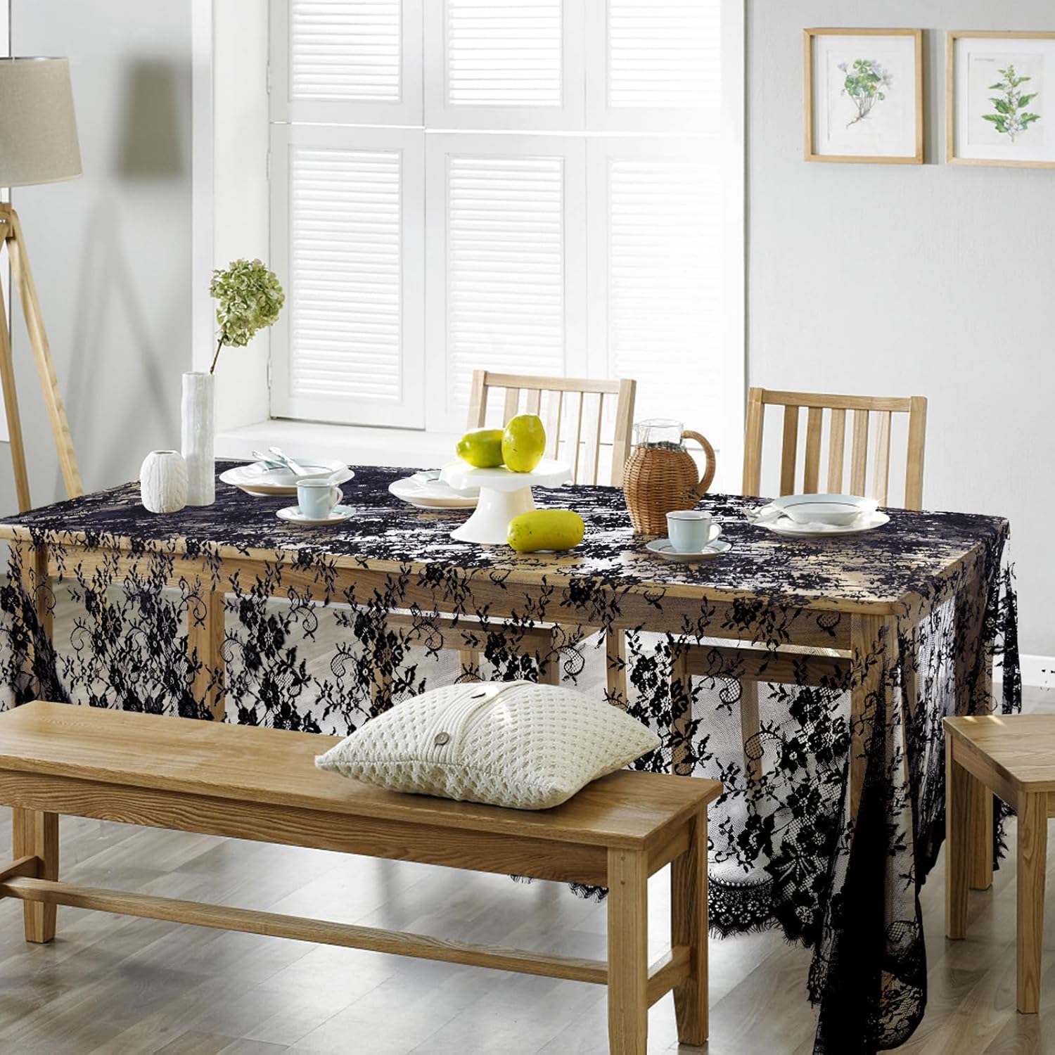 Black Lace Tablecloth 60 × 120 Inch for Rustic Boho Wedding Bridal Shower Party Decoration, Classy Rectangle Overlay Long Vintage Embroidered Reception Table Cloth Decor