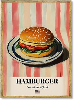 Hamburger Canvas Print Art Print Funky Wall Art Painting Pictures Trendy Home Decor Wall Decoration for Kitchen Bar Apartment (Wood Framed,12L x 16W)