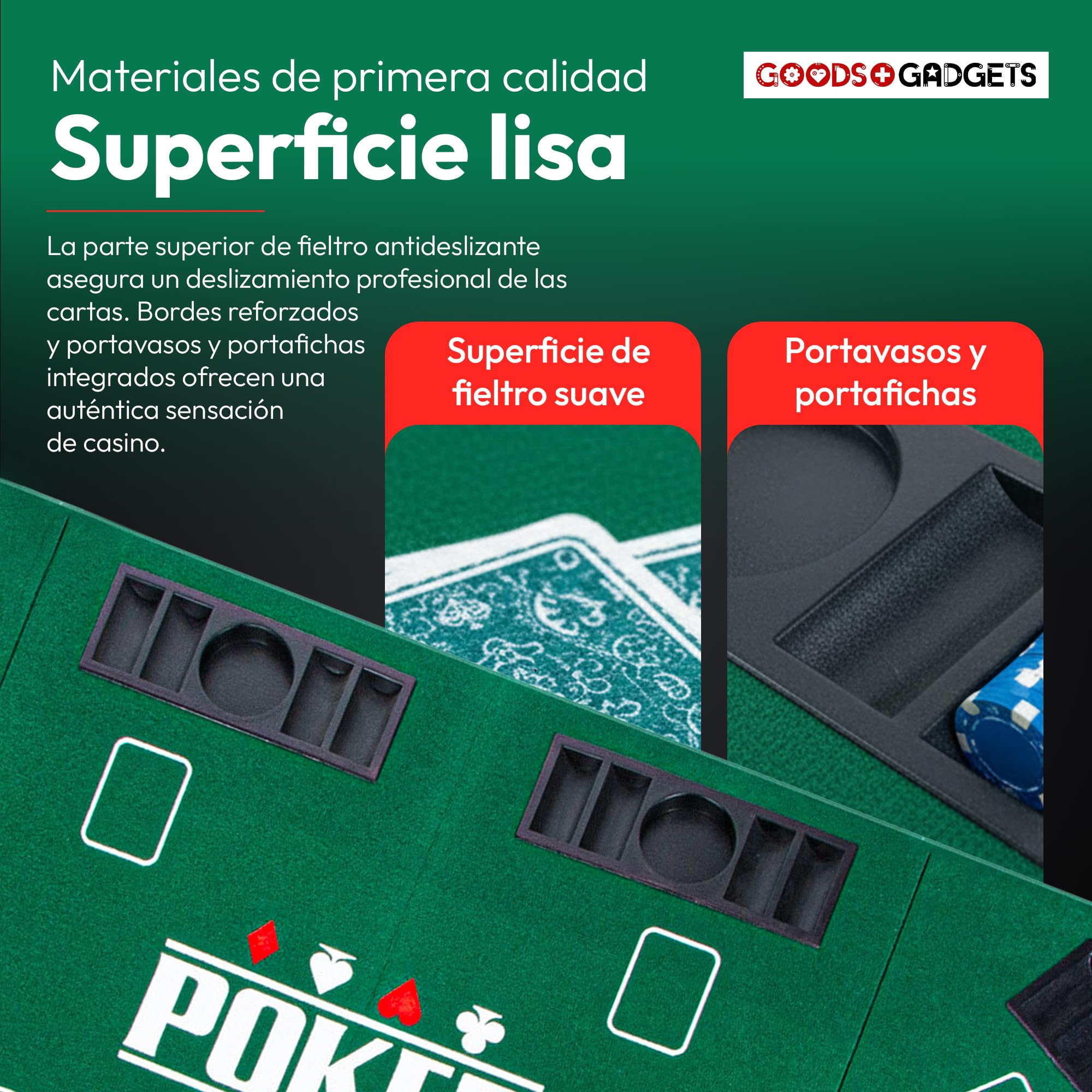 GOODS+GADGETS Tapete de póquer XXL Plegable; Accesorios de póquer Tapete con Fieltro 8 Soportes para Bebidas; móvil (Verde - 160 x 80 cm)