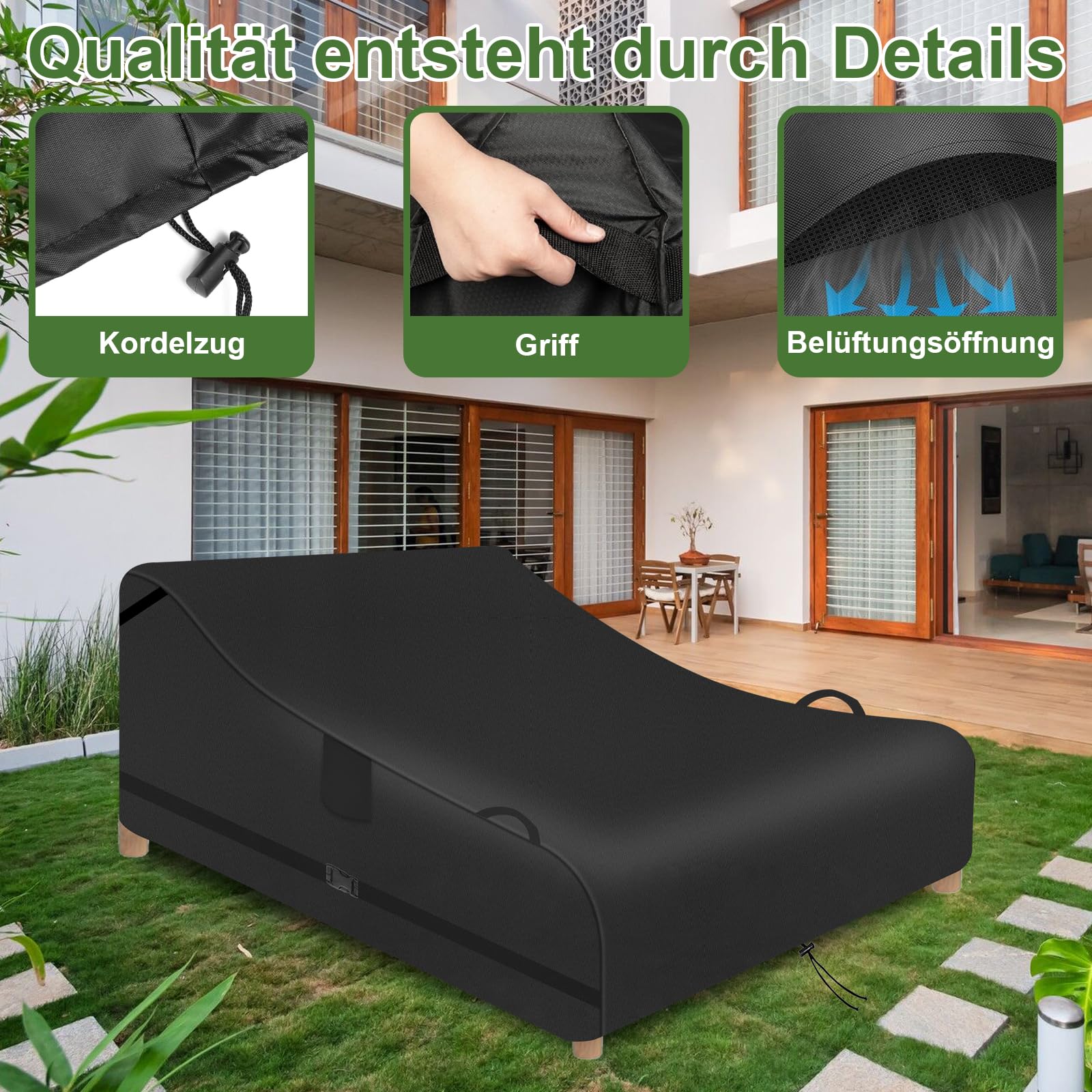 Wasserdichte Abdeckung für Terrassen-Chaiselongue - UV-beständige Schutzhülle mit Belüftungssystem, reißfestes Oxford-Gewebe, ideal für Gartenmöbel