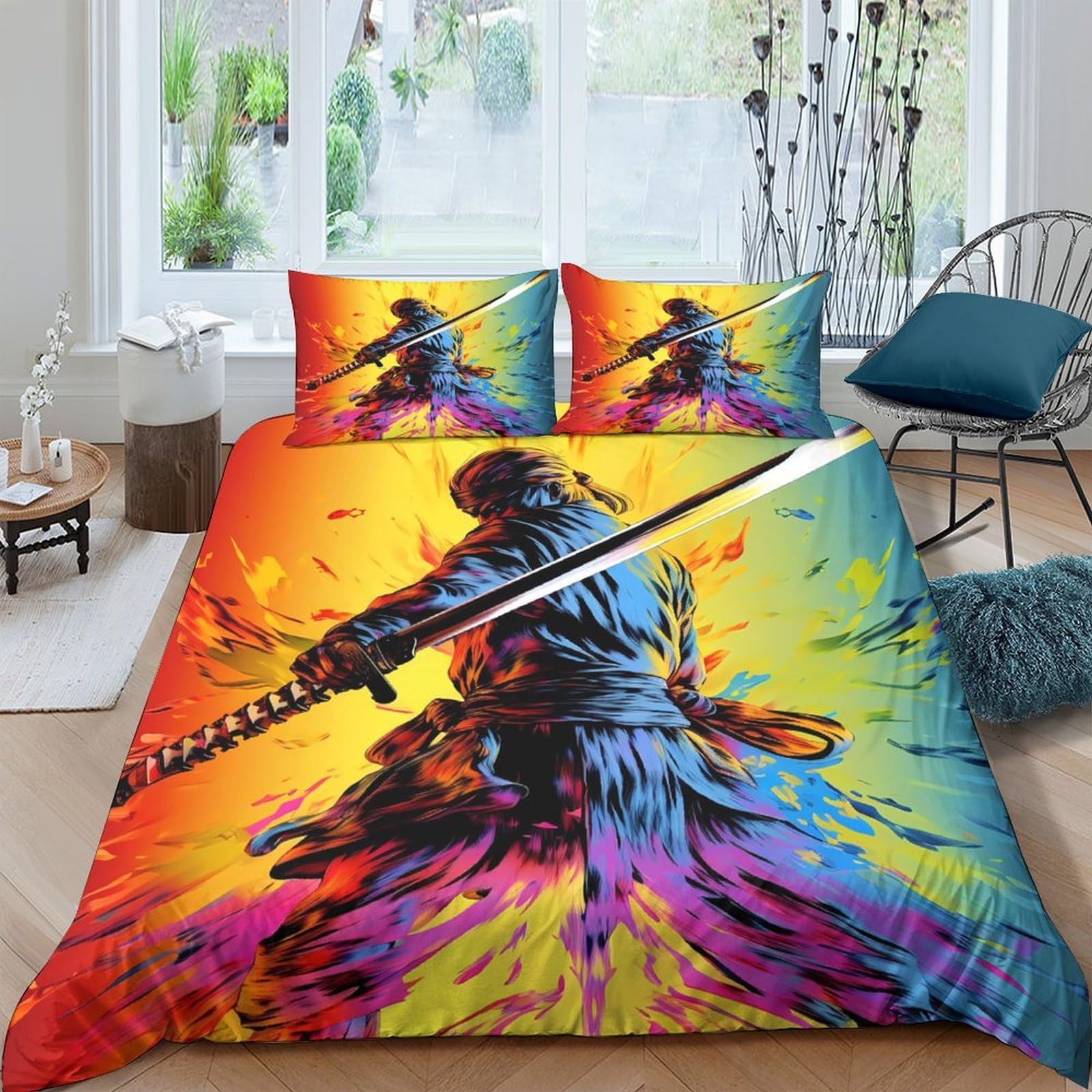 Ctjqhvkz Style-4 3D Printed Samurai Splash Fitted Sheet Microfiber Soft Vibrant Warrior Bed Cover For Bedroom Dorm Decor Protection Single（135X200cm）