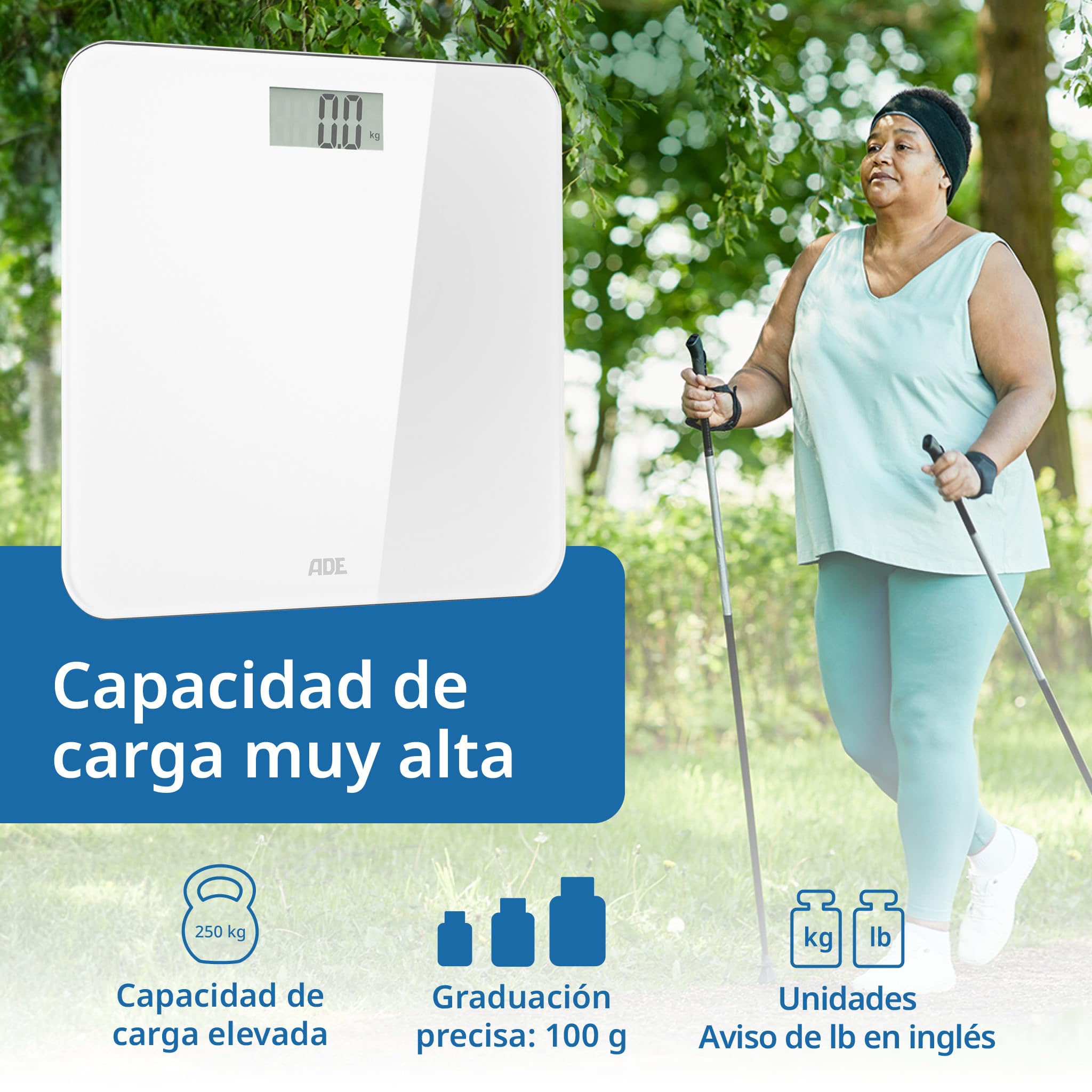 ADE Báscula personal parlante digital | salida de voz en 5 idiomas | ideal para invidentes, discapacitados visuales y personas mayores | pantalla muy grande | capacidad de carga muy alta de 250 kg