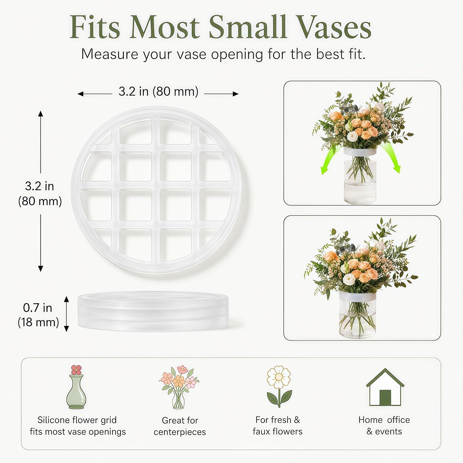 Blossom Grid Reusable Silicone Flower Arranging Grid, Stretch Silicone Flower Arranger & Vase Holder, Alternative to Tape for Small Centerpieces, Home Decorators & DIY Weddings, 2 Packs, 3.2 in