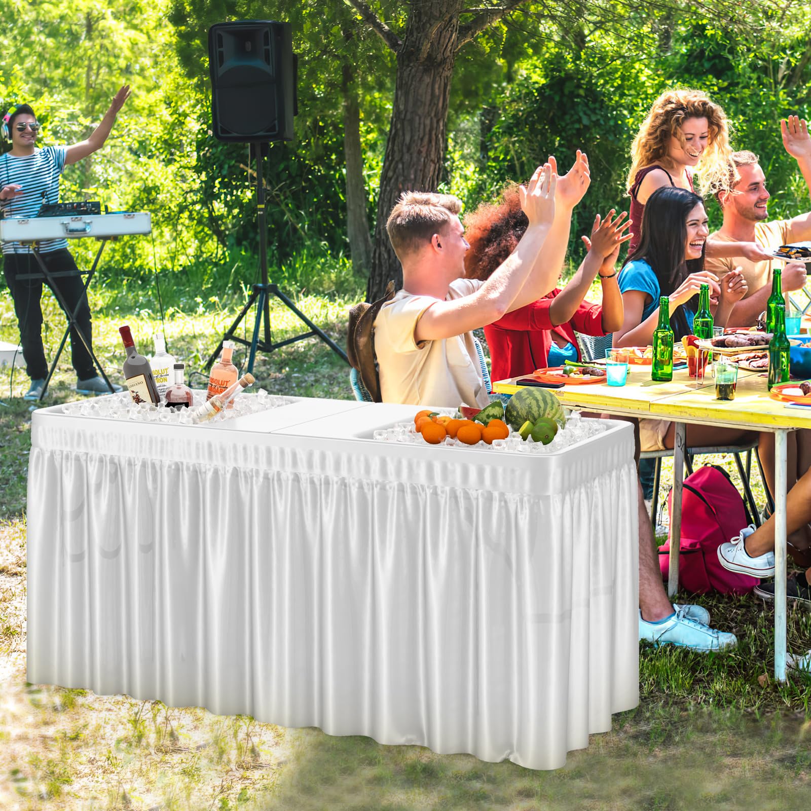 GYMAX Tavolo del Ghiaccio Pieghevole per Bevande e Alimenti Freddi, Tavolo Refrigerante con 2 Lavello, Gonna Rimovibile, Tubo di Scarico Regolabile, Piano in HDPE, per Campeggio, Feste, Picnic