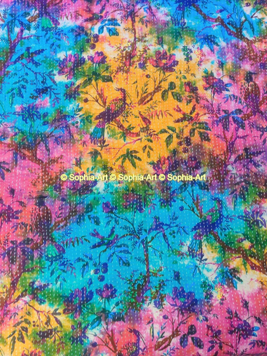 Sophia-Art Twin/King Bed Bohemian Bird Queen Bedspread Handcrafted Handmade Quilt Kantha Bird Print Cover Unique Blanket Bedding Quilt (Multi Tie & Dye, Twin 60 * 90 Inches)