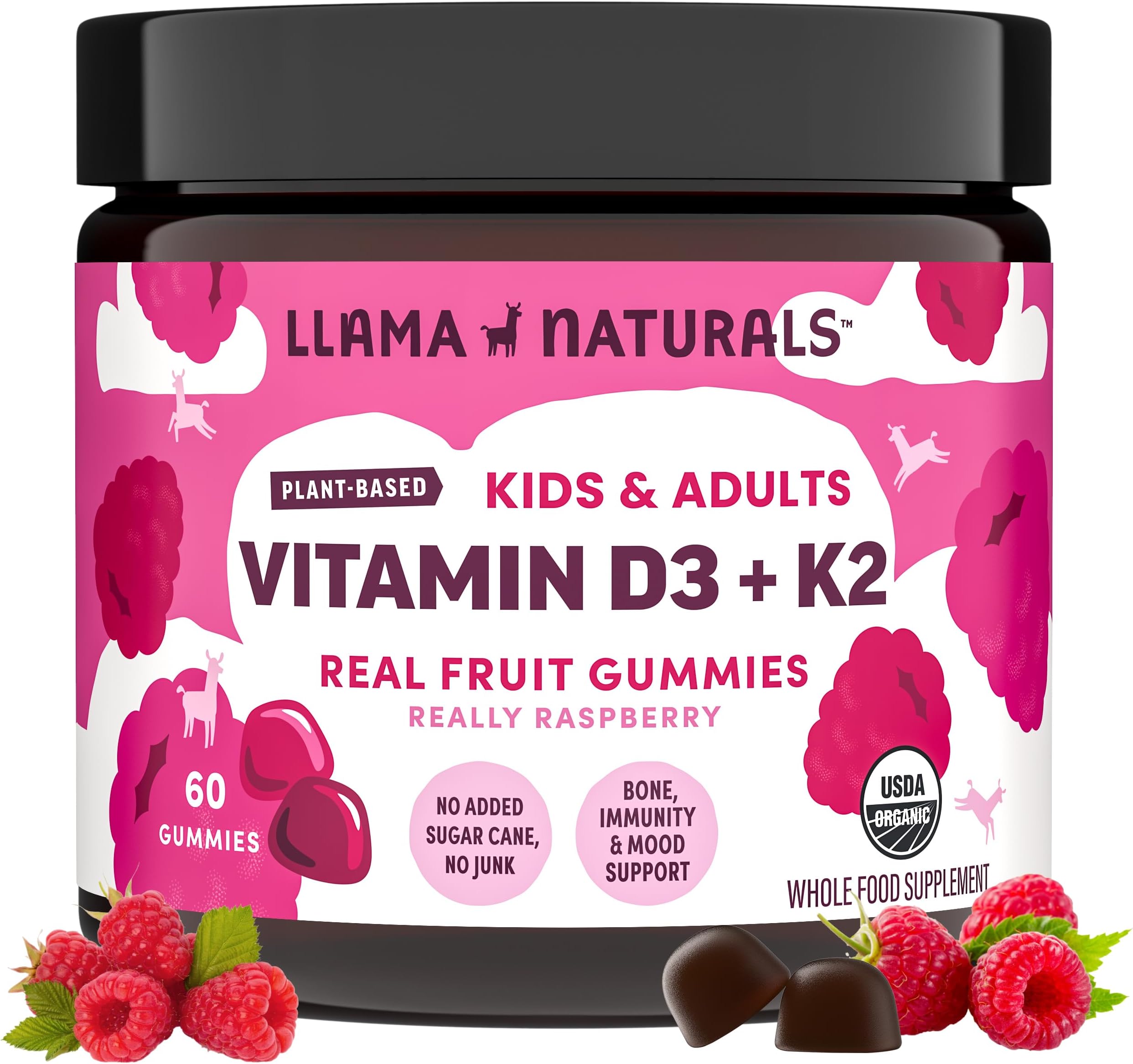 - Llama Naturals Vitamin D3, Vegan, Organic Immune Support Supplement, Vitamin D Gummies for Adults and Kids, Real Fruit Gummy Vitamins, Promotes Bone Health, No Added Sugar Cane, Raspberry, 60 Ct