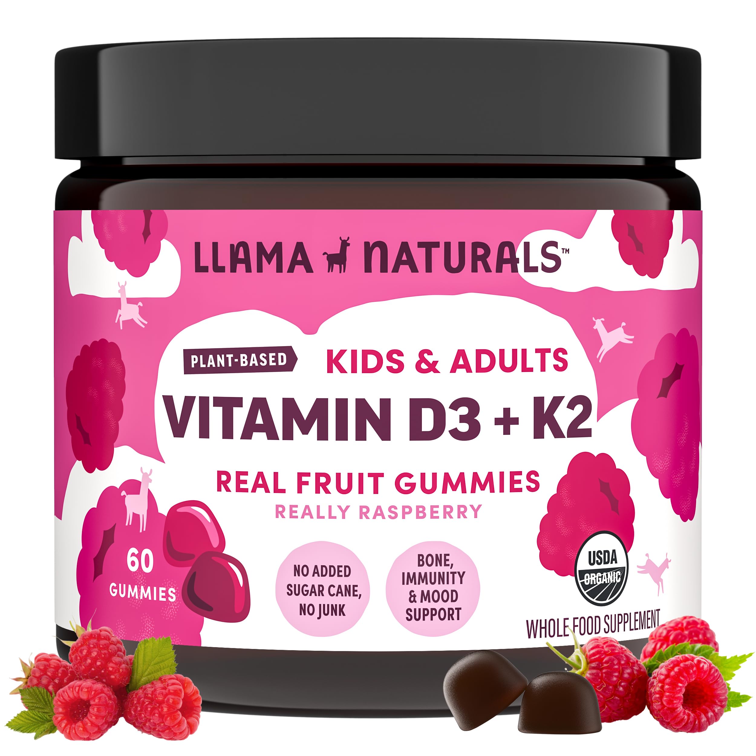 Llama Naturals Vitamin D3, Vegan, Organic Immune Support Supplement, Vitamin D Gummies for Adults and Kids, Real Fruit Gummy Vitamins, Promotes Bone Health, No Added Sugar Cane, Raspberry, 60 Ct