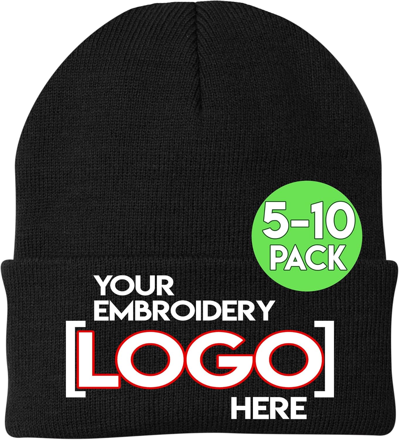 Custom Logo Beanies, 5 or 10 Pack - Add Your Embroidered Design - Personalized Winter Knit Cap Hats for Business