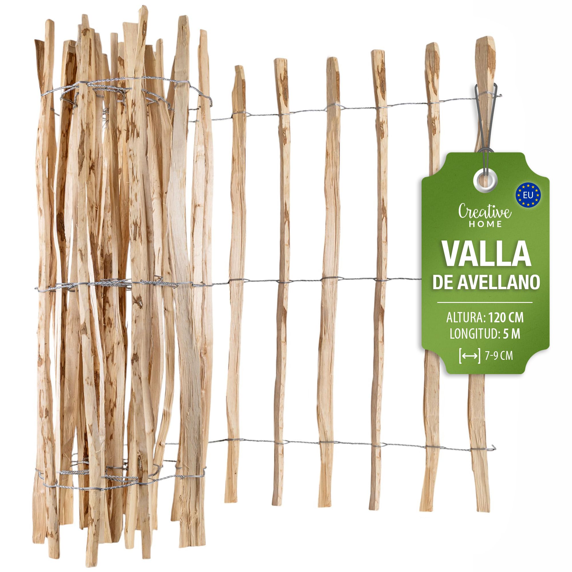 Creative Home Valla de Madera de Avellano | 120 cm de Altura y 5 m de Largo | Valla Enrollable | Espaciado entre Listones 7-9 cm | Ideal para Bordes de Flores | Cerca de Jardín de Madera de Nogal